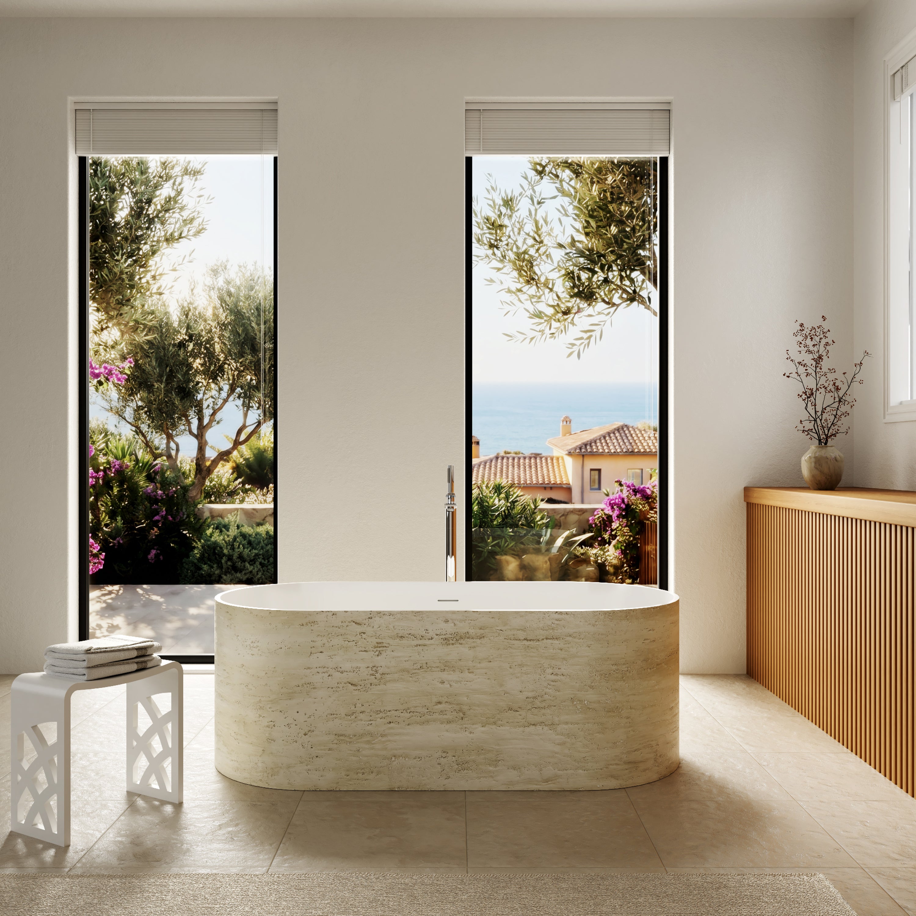 63" Travertine-Inspired Solid Surface Freestanding Bathtub with Handcrafted Texture