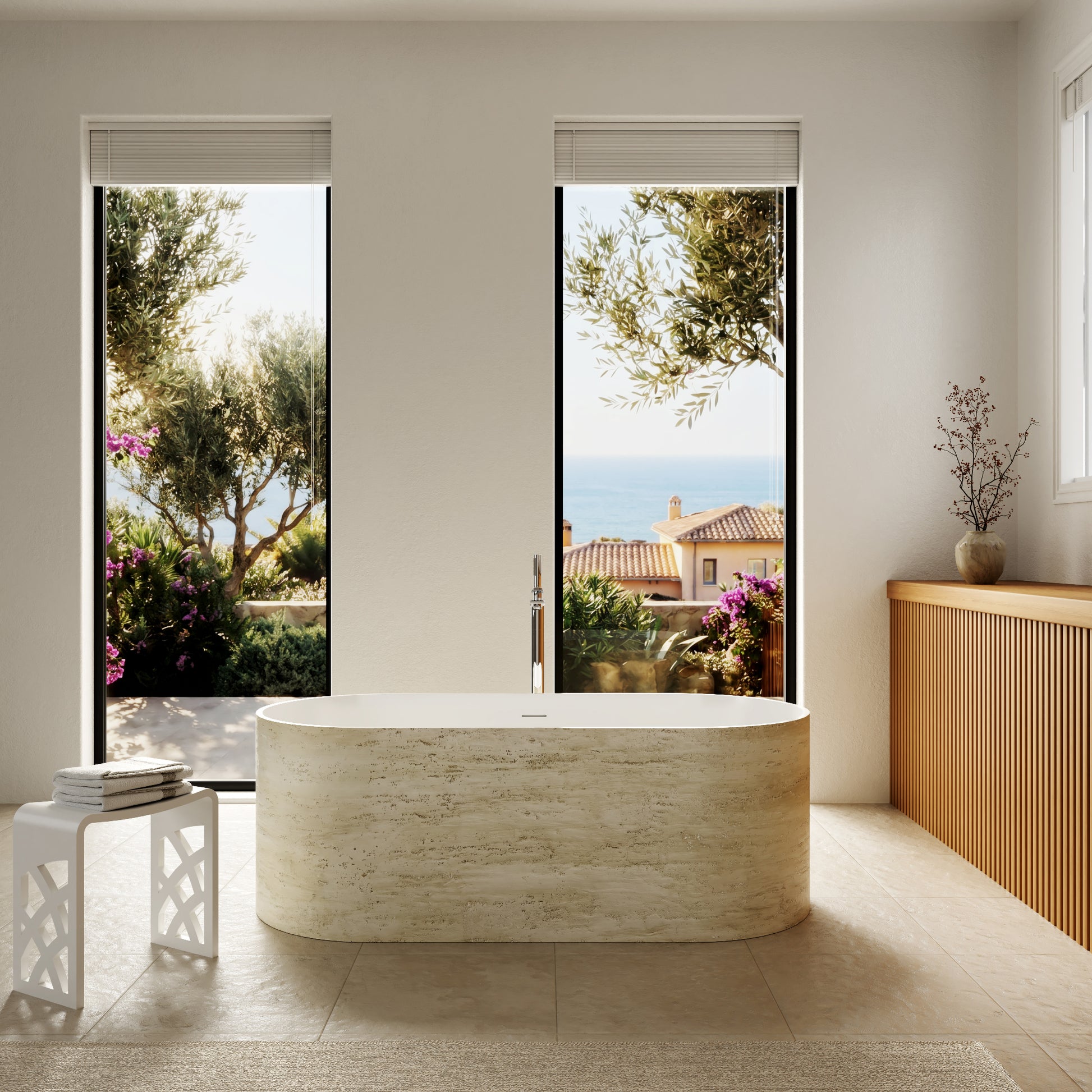 63" Travertine-Inspired Solid Surface Freestanding Bathtub with Handcrafted Texture