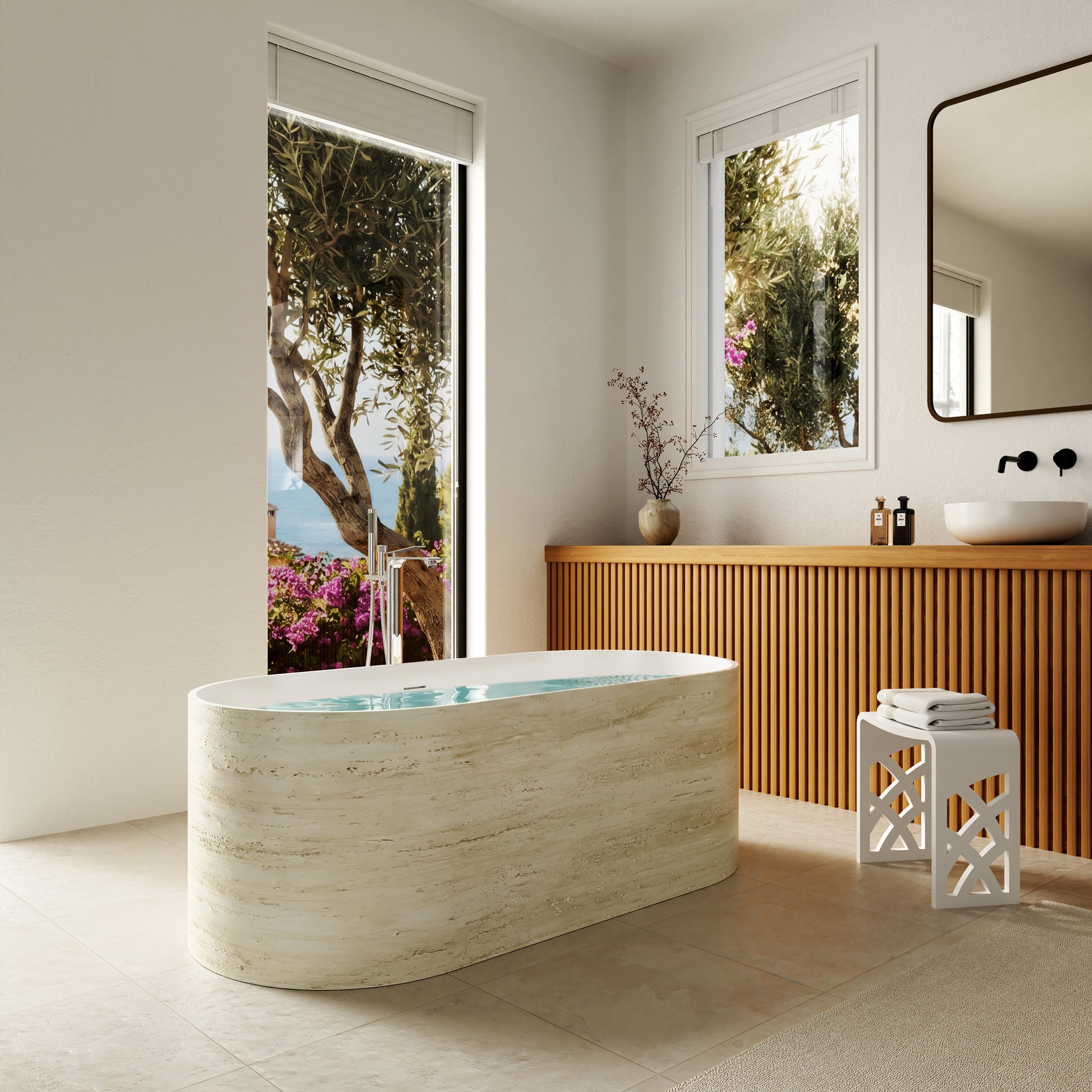 63" Travertine-Inspired Solid Surface Freestanding Bathtub with Handcrafted Texture
