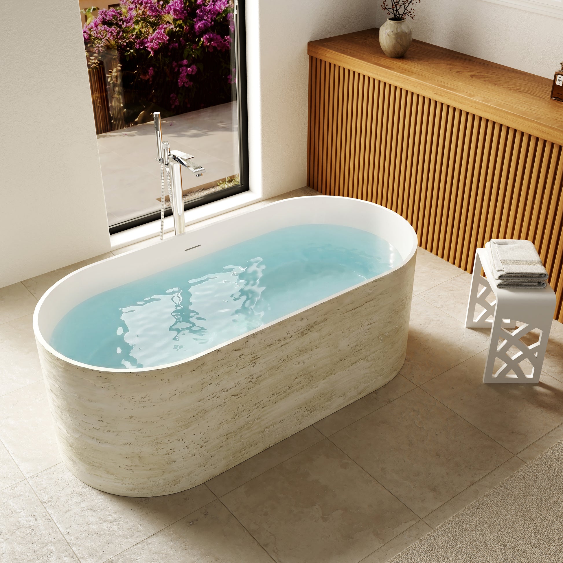 63" Travertine-Inspired Solid Surface Freestanding Bathtub with Handcrafted Texture