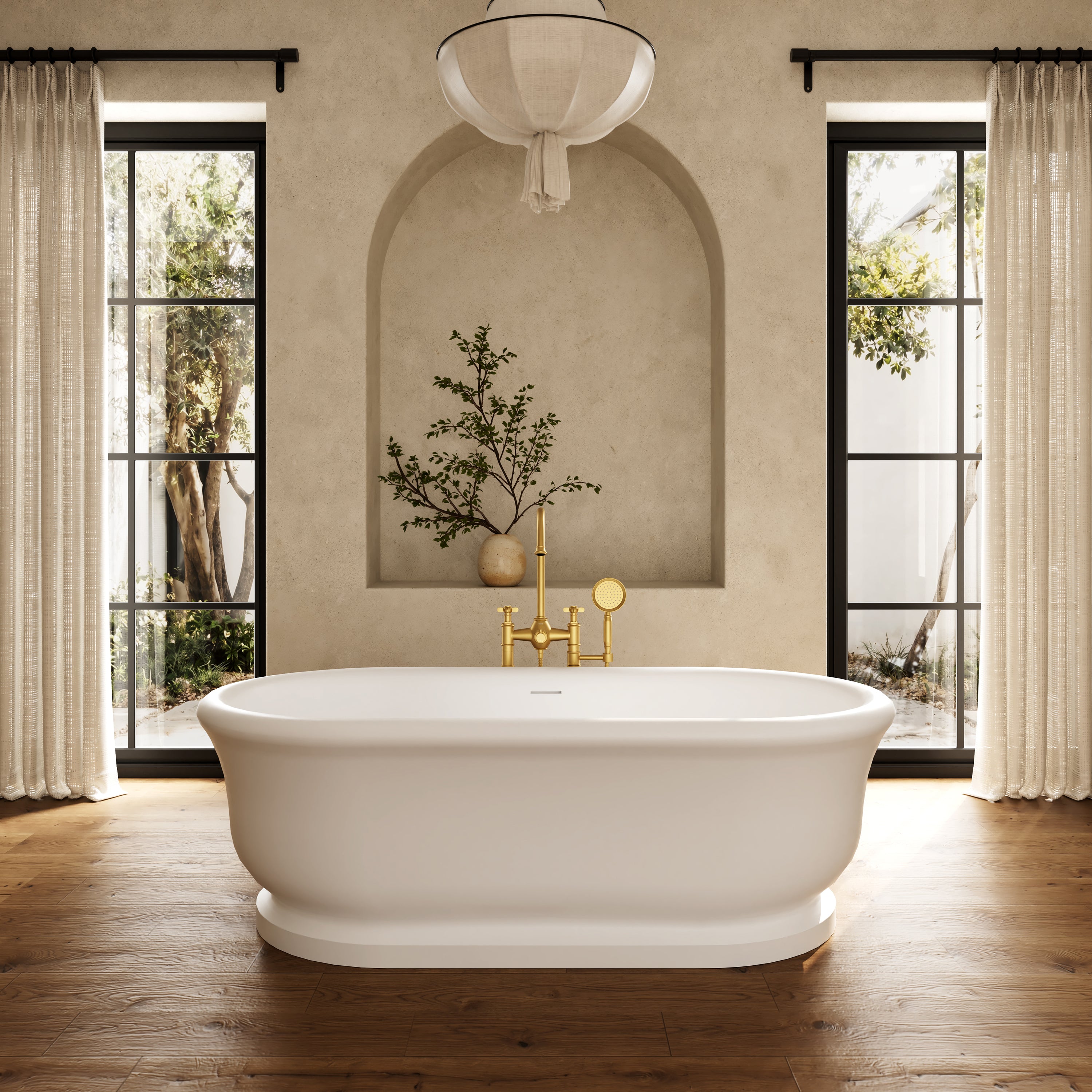 67" Rolled-Edge Solid Surface Freestanding Bathtub with Pedestal Base