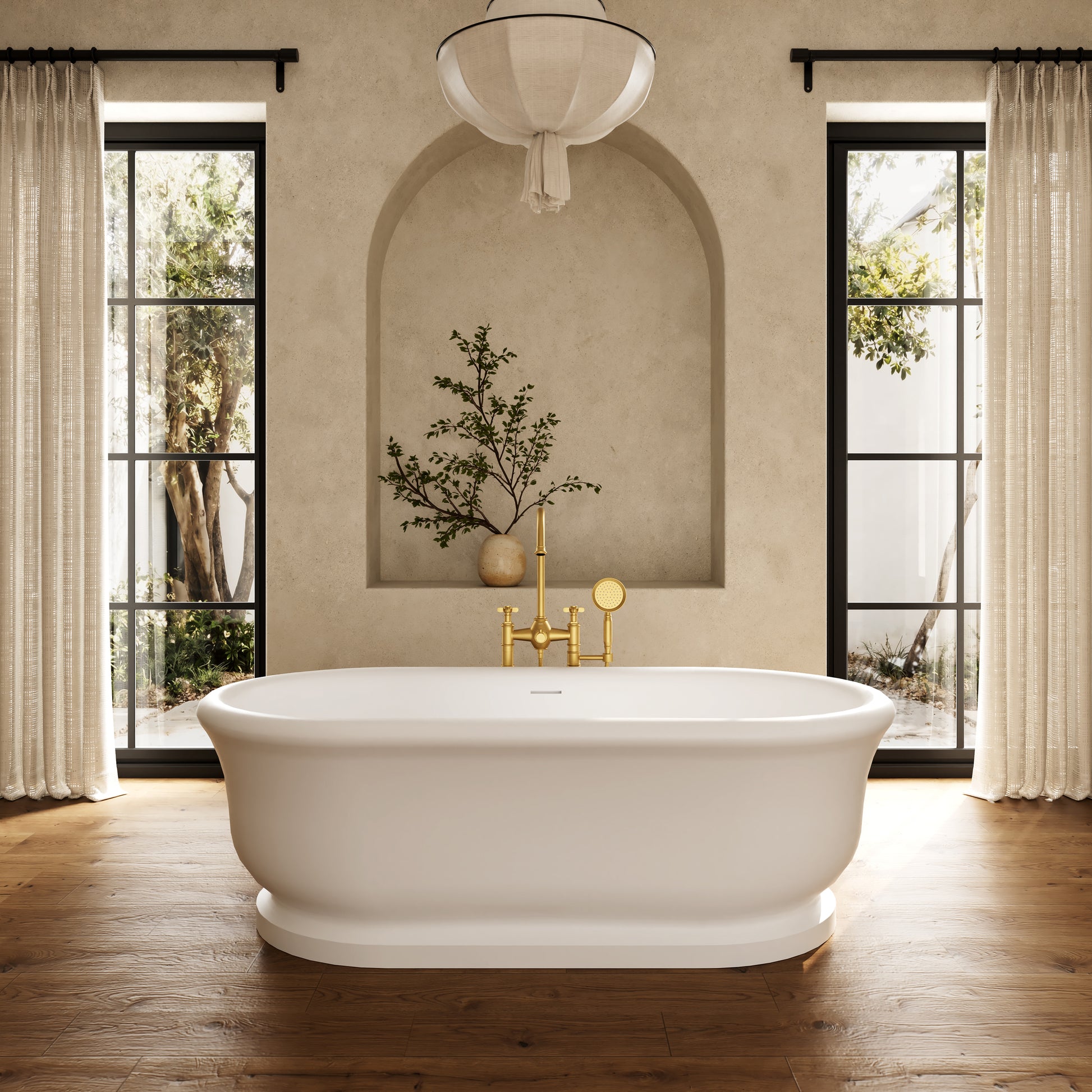 67" Rolled-Edge Solid Surface Freestanding Bathtub with Pedestal Base