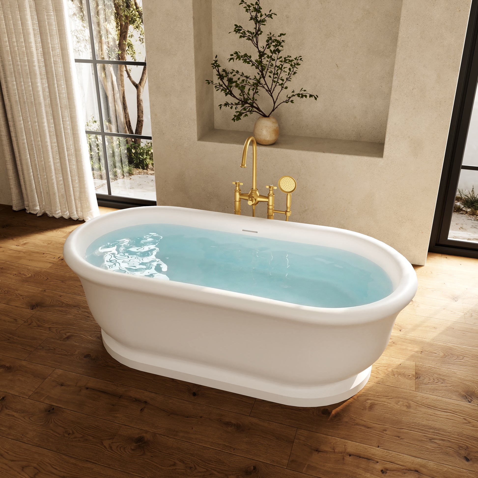 67" Rolled-Edge Solid Surface Freestanding Bathtub with Pedestal Base