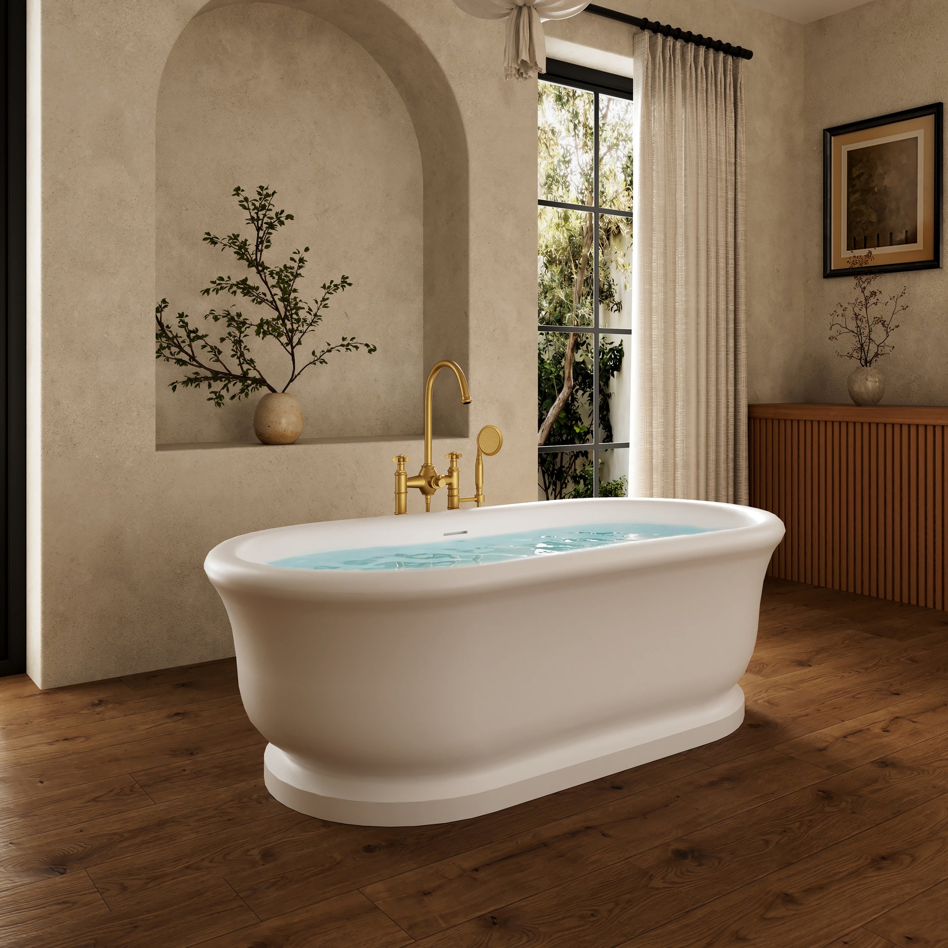 67" Rolled-Edge Solid Surface Freestanding Bathtub with Pedestal Base