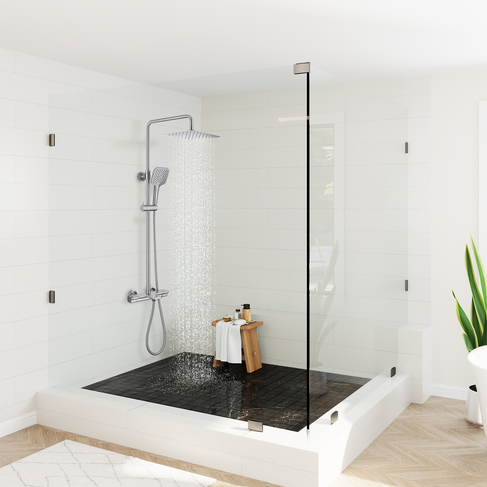 9.8" Thermostatic Rain Shower Faucet with Tub Spout in Brushed Nickel
