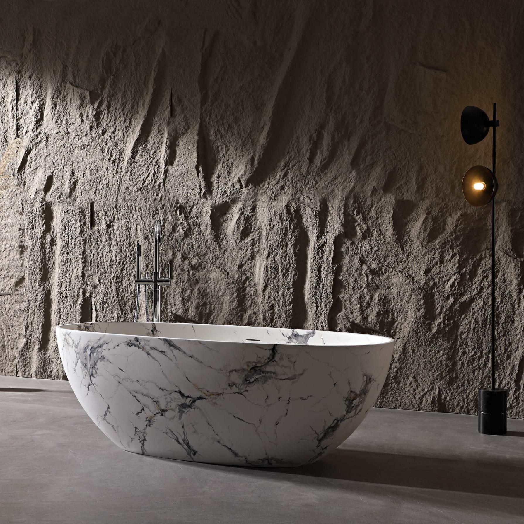 65" Freestanding Solid Surface Bathtub in Statuario White Marble Look with Ergonomic Backrest