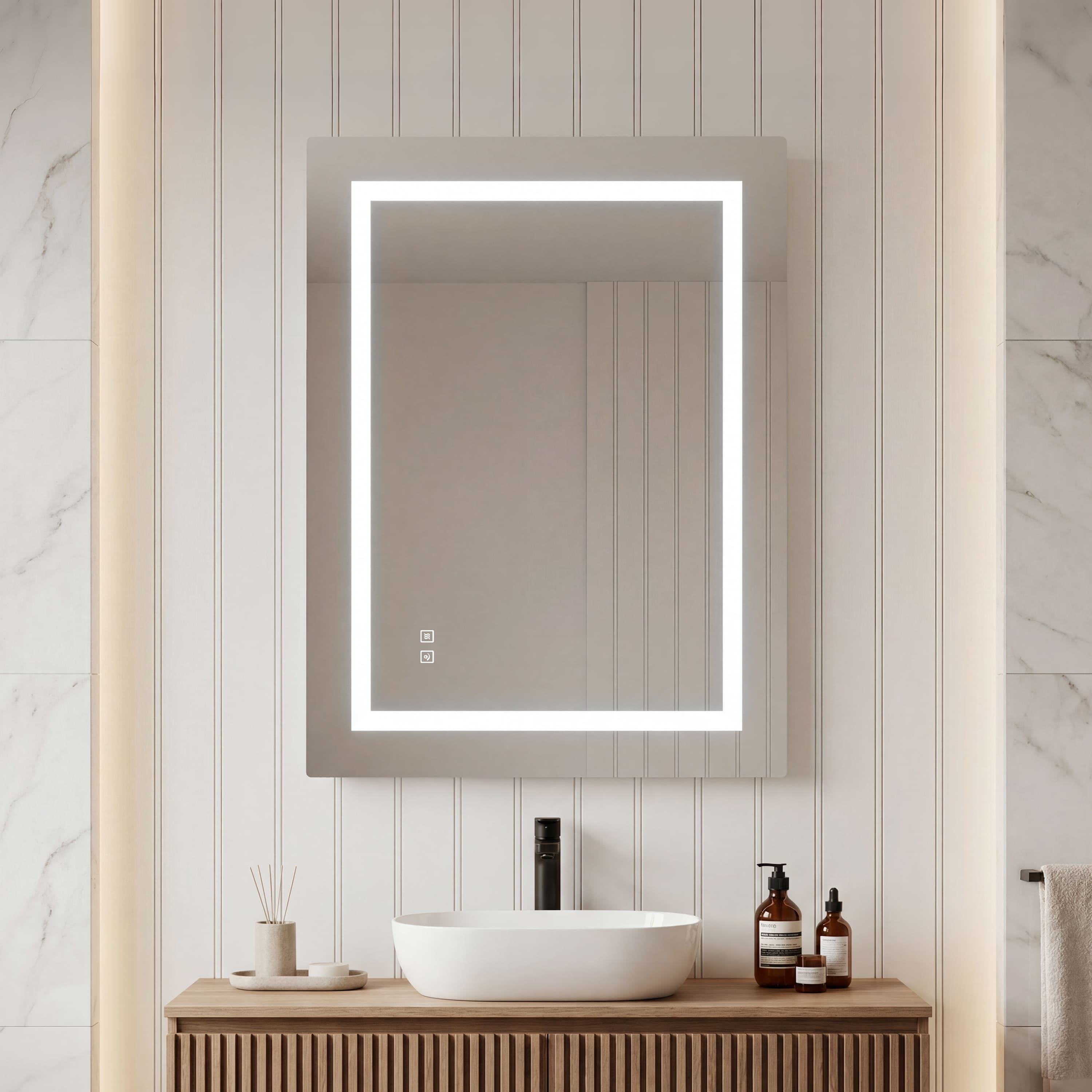 LED Front-Lighted Bathroom Mirror with Touch Dimming and Shadow Free Lighting