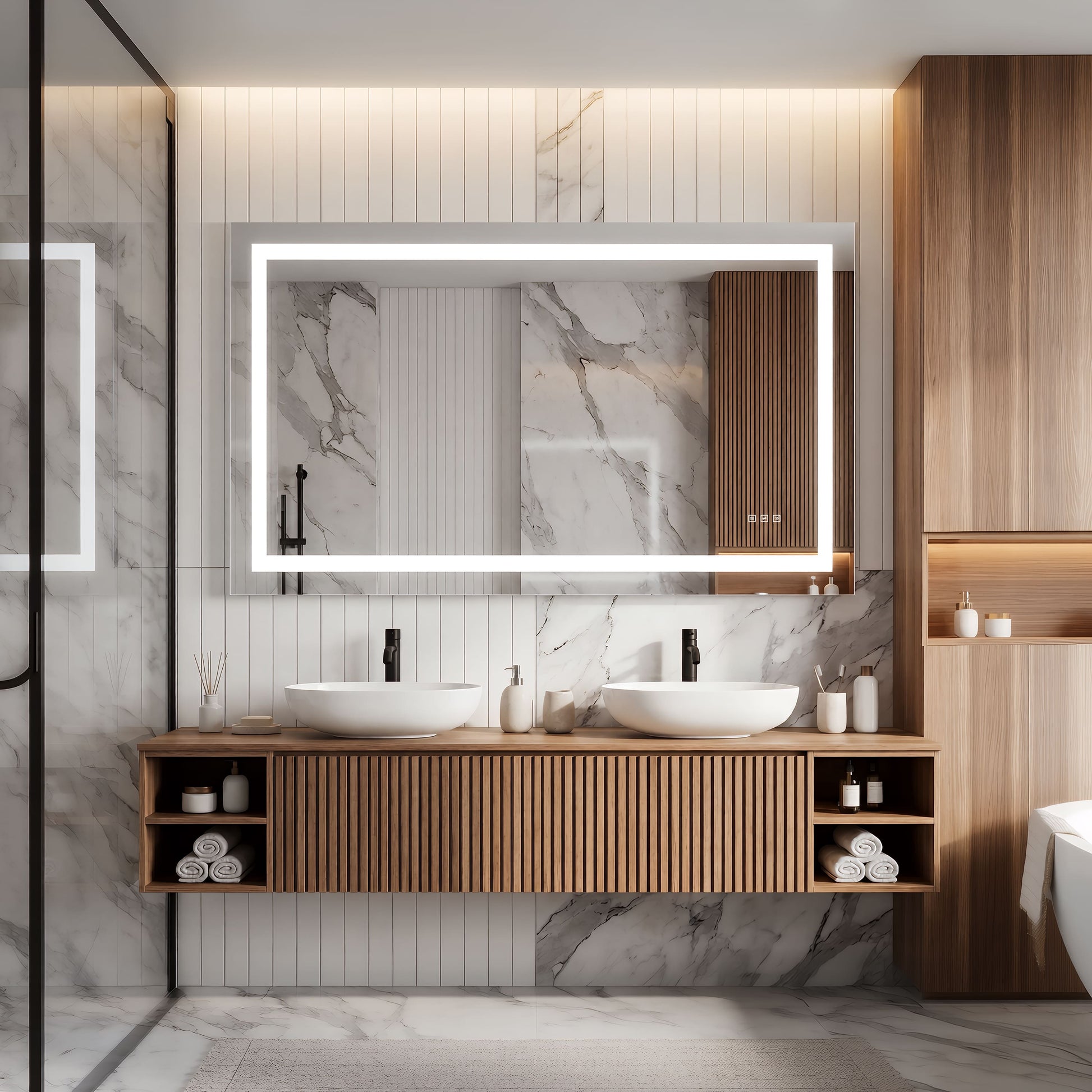 LED Front-Lighted Bathroom Mirror with Touch Dimming and Shadow Free Lighting