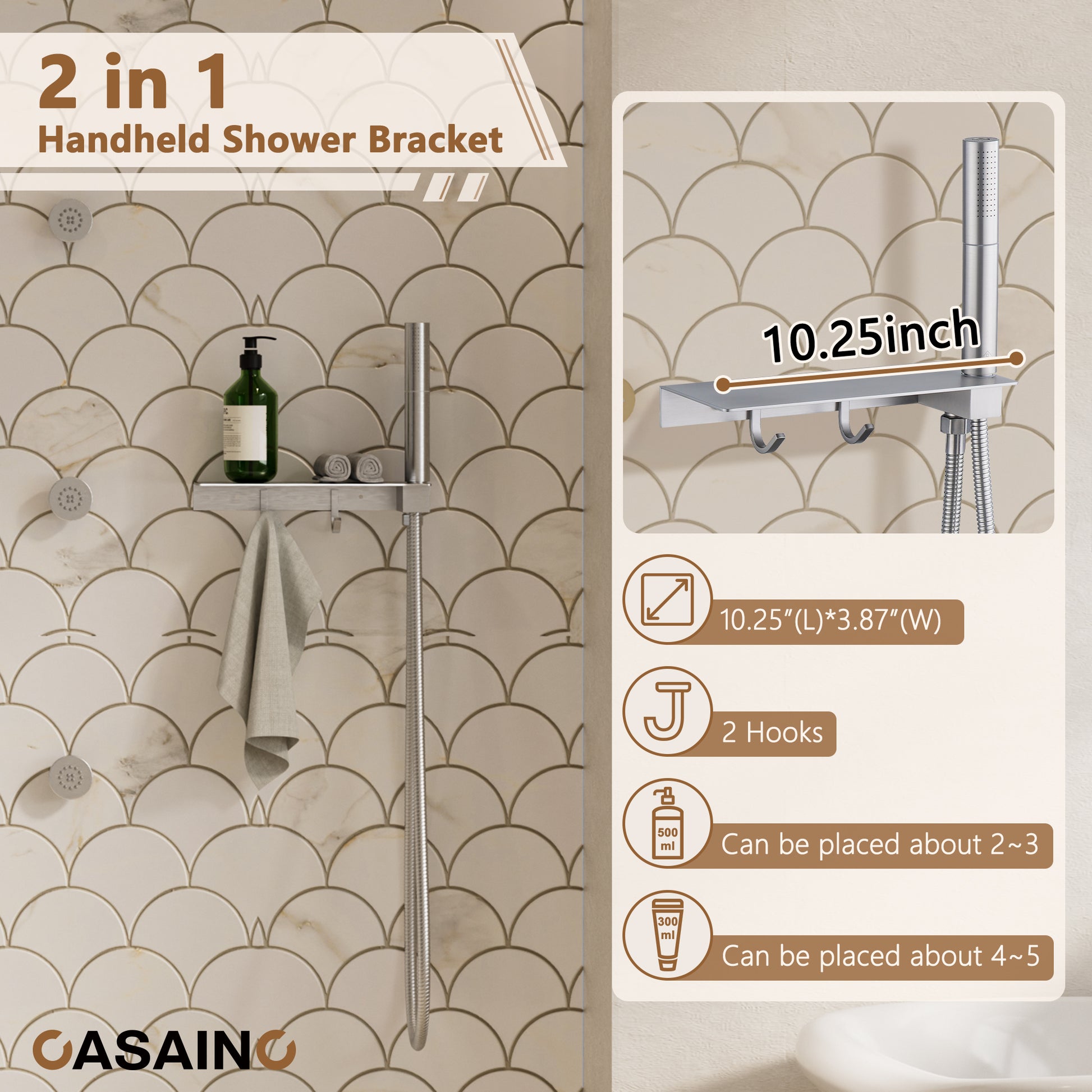 12" Adjustable Shower Head With Shelf Shower System, Hand Shower With Spray Gun Function