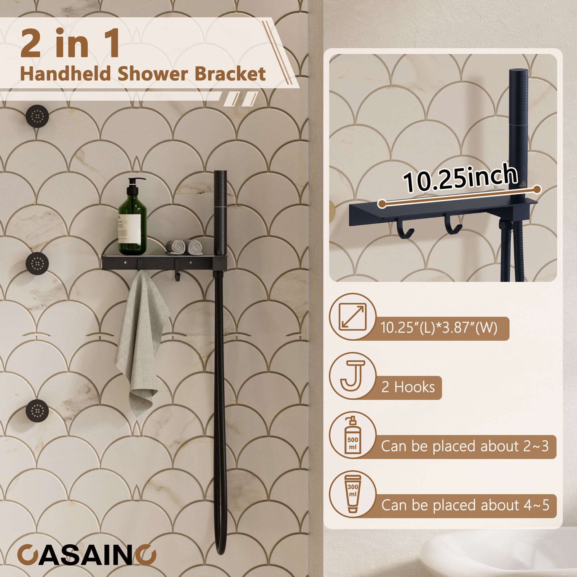 12" Adjustable Shower Head With Shelf Shower System, Hand Shower With Spray Gun Function