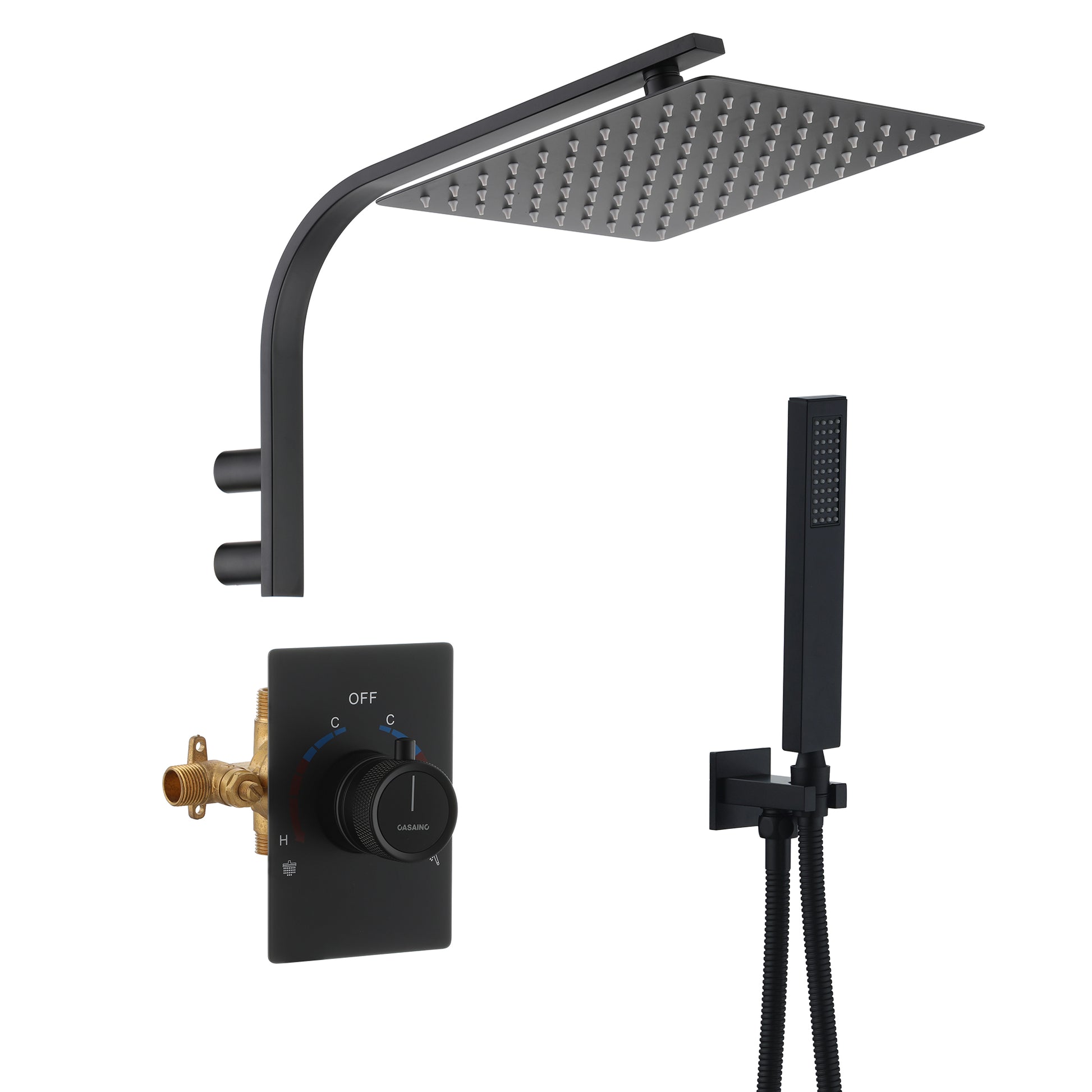 Shower System With Unique Shower Arm in Black, Brushed Nickel, Brushed Gold