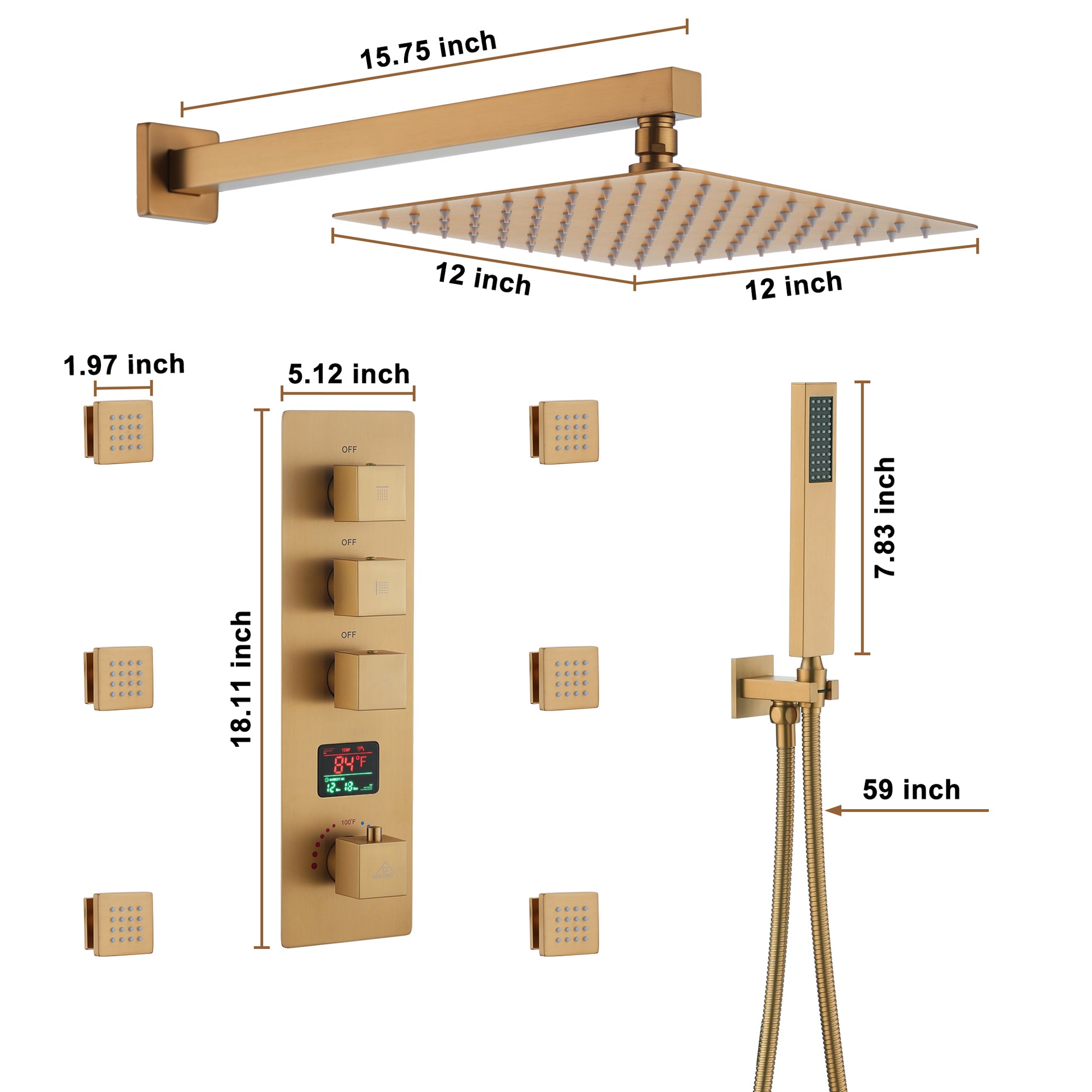 12" Wall Mount Deluxe Shower System With Digital Display & 6 Body Jets
