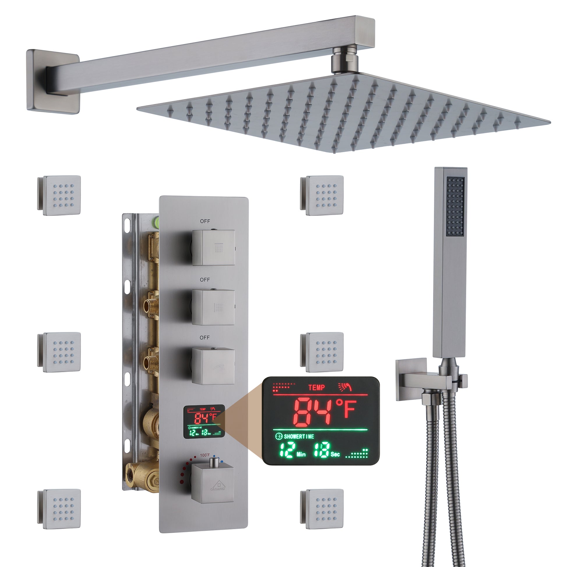 Deluxe 3-Function Shower With Digital Display Of Temperature Shower System With 6 Side Body Jets, Quality Promise Digital Showers, Rainfall Shower Heads