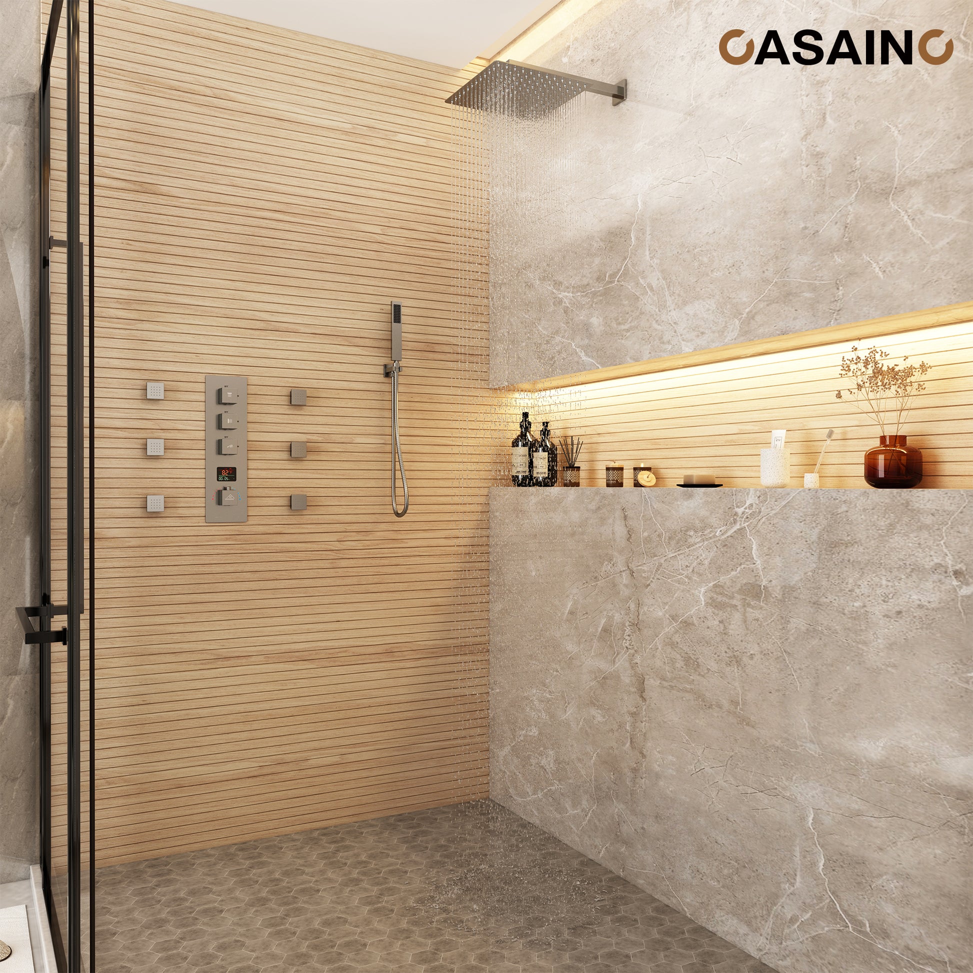Deluxe 3-Function Shower With Digital Display Of Temperature Shower System With 6 Side Jets