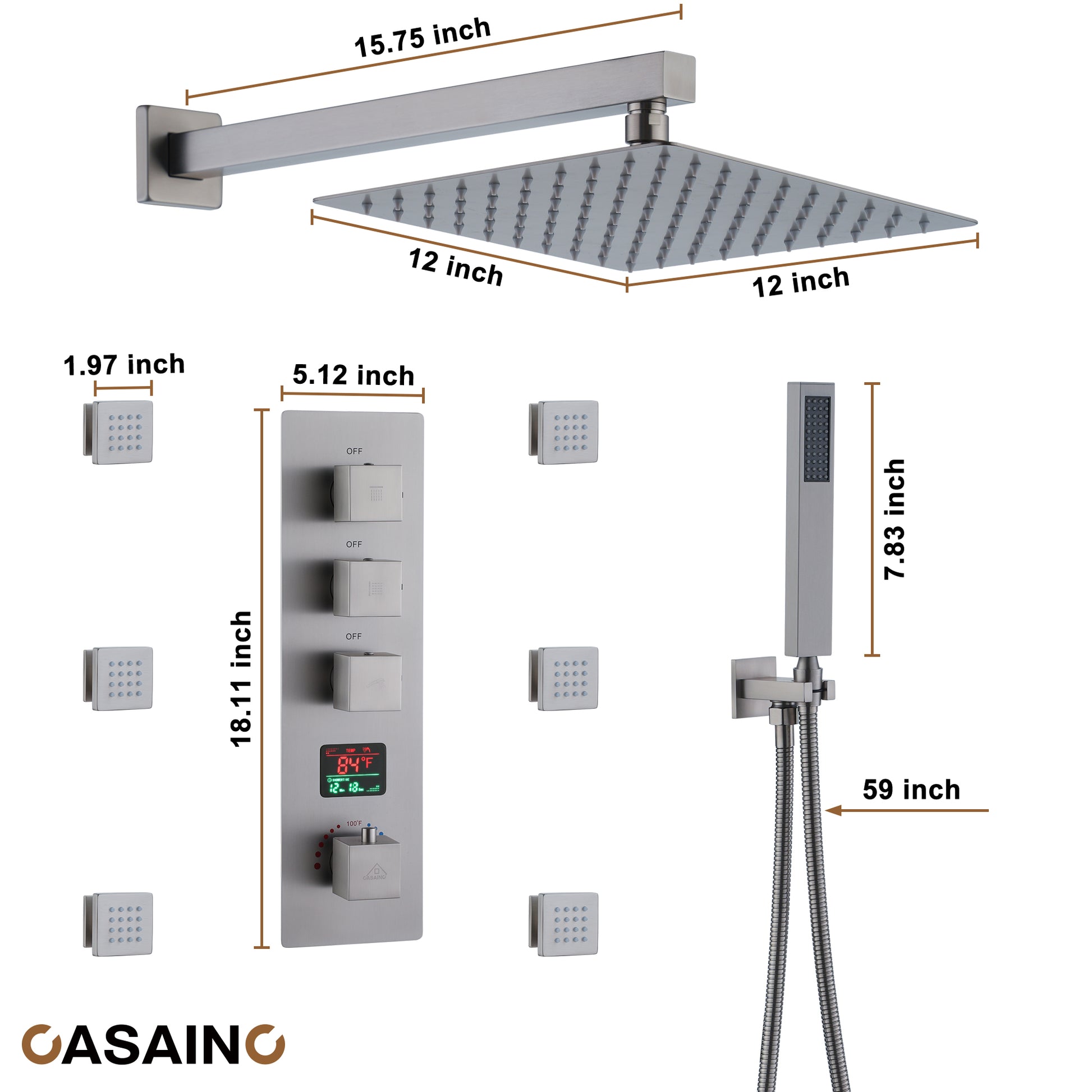 Deluxe 3-Function Shower With Digital Display Of Temperature Shower System With 6 Side Jets