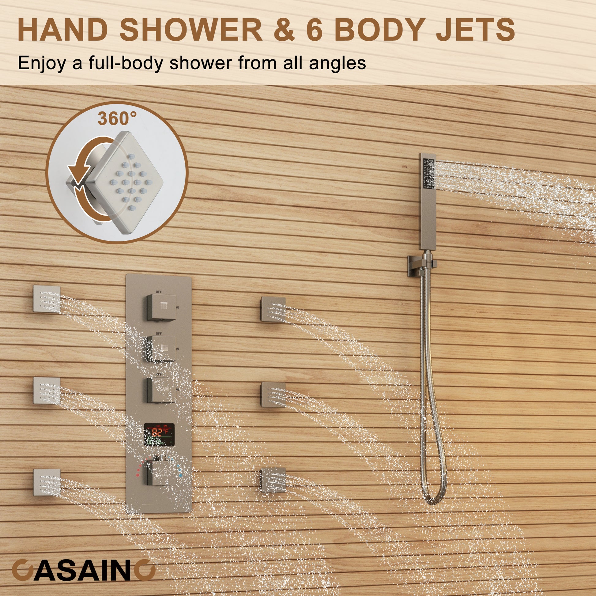 Deluxe 3-Function Shower With Digital Display Of Temperature Shower System With 6 Side Jets