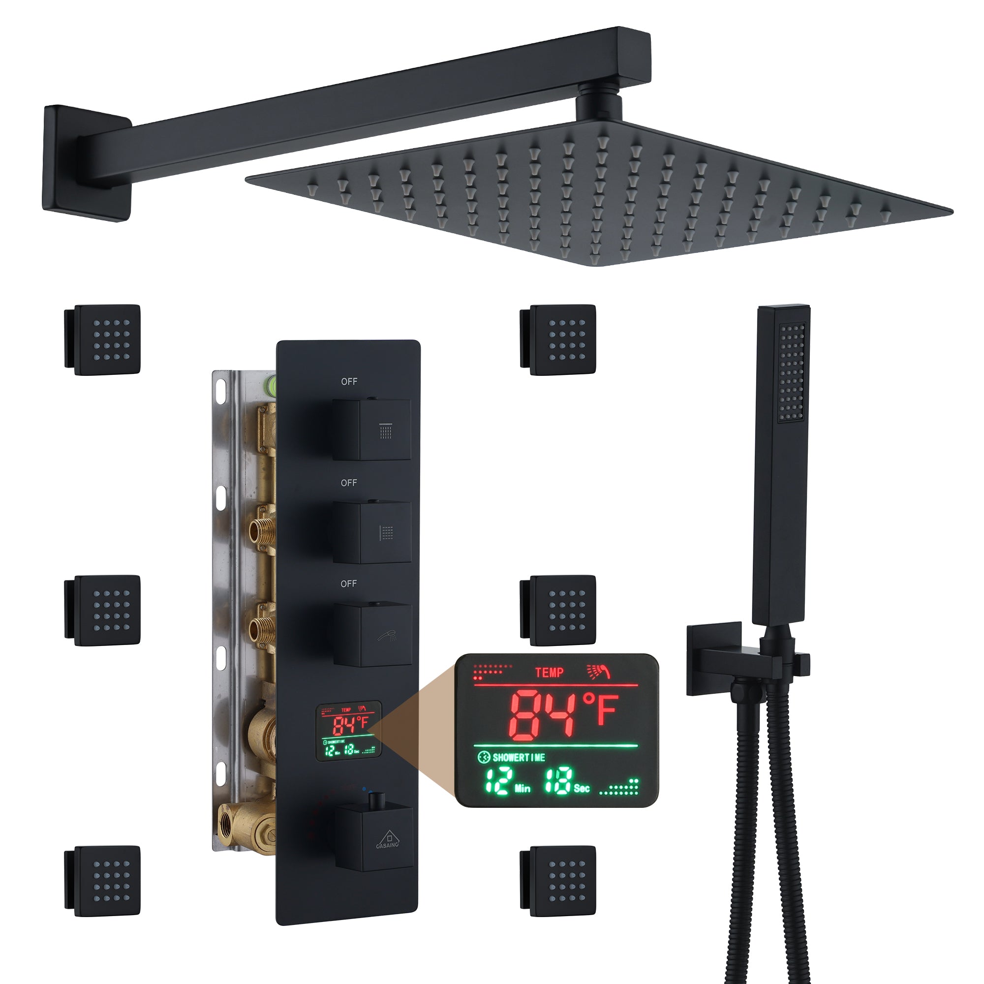 Deluxe 3-Function Shower With Digital Display Of Temperature Shower System With 6 Side Jets