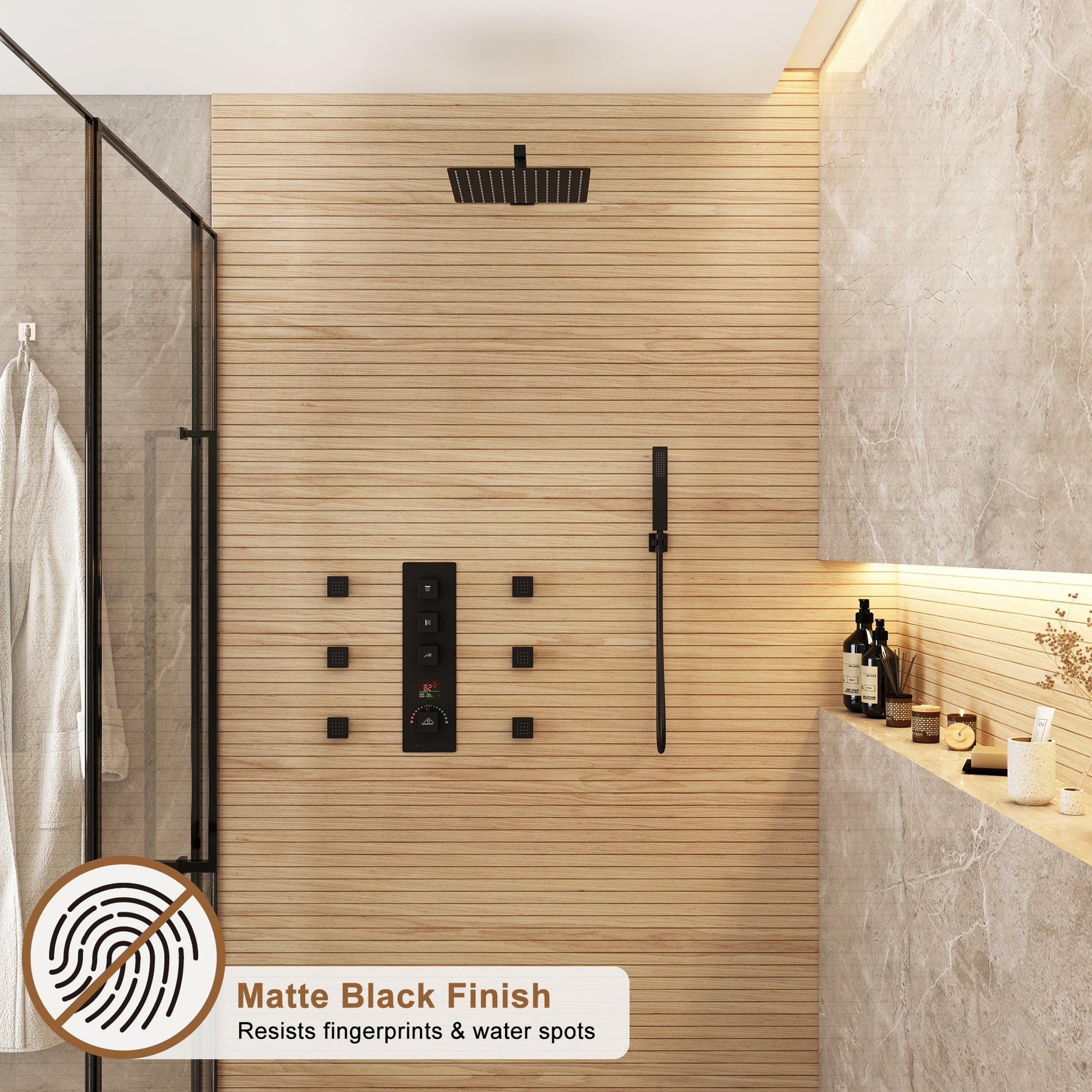 12" Wall Mount Deluxe Shower System With Digital Display & 6 Body Jets