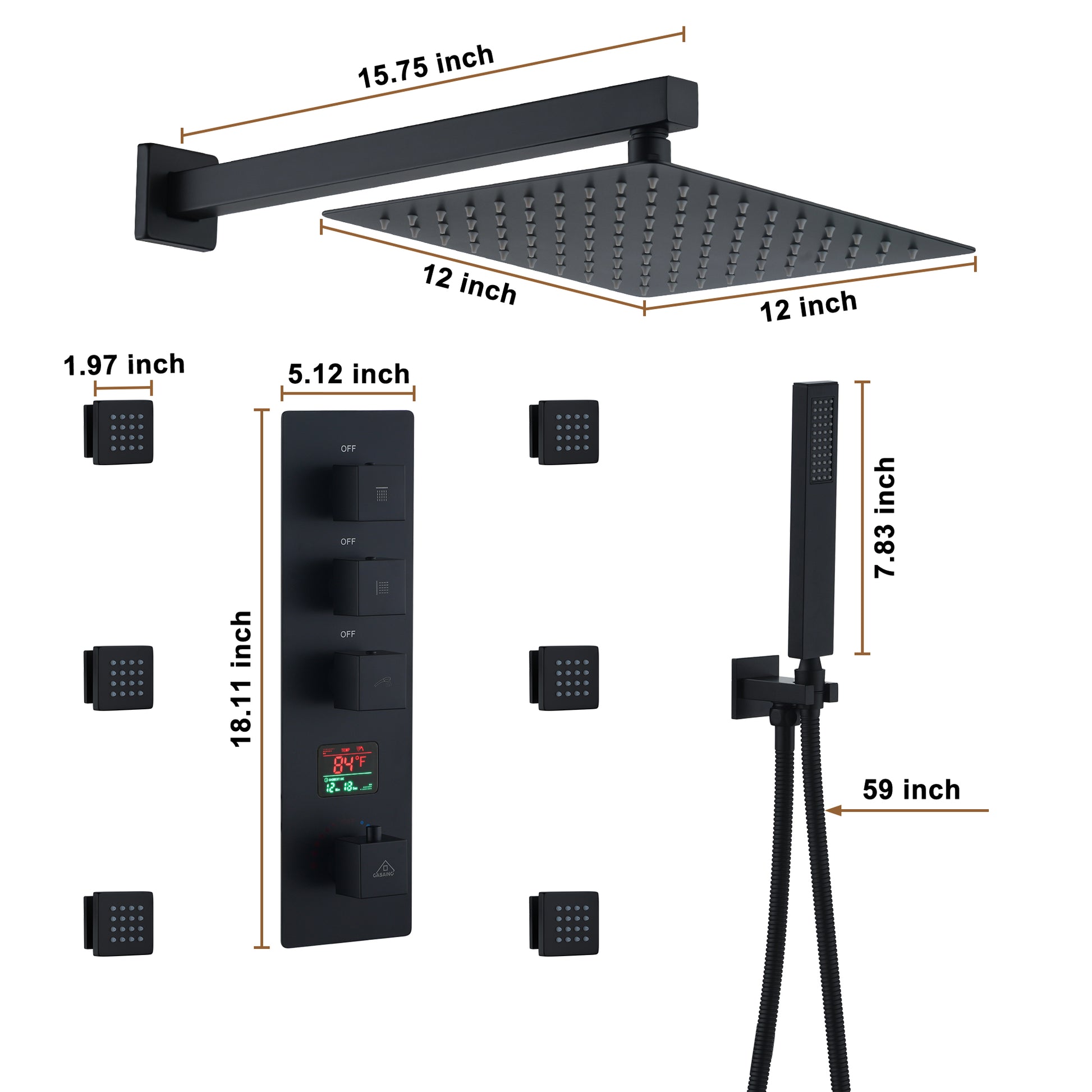 12" Wall Mount Deluxe Shower System With Digital Display & 6 Body Jets