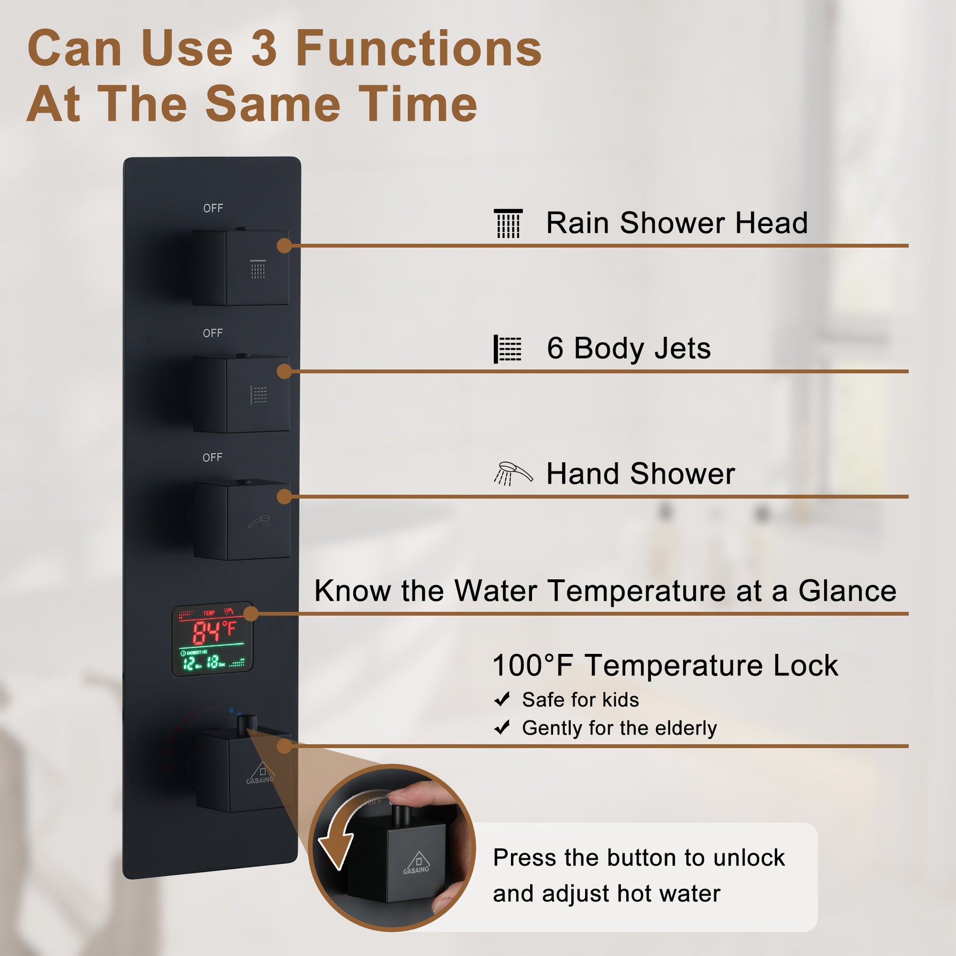 12" Wall Mount Deluxe Shower System With Digital Display & 6 Body Jets