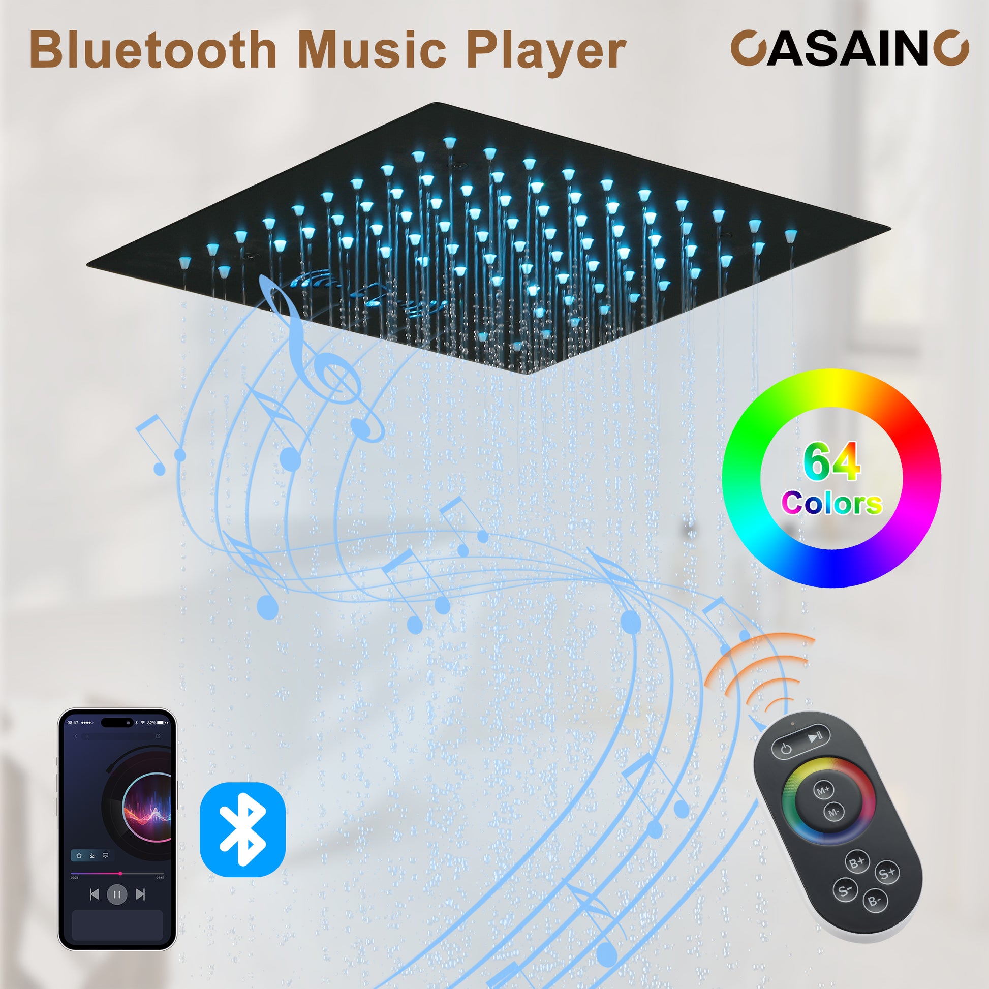 Luxurious Showerhead Shower System With 64 Colors Of Led Lighting And Bluetooth Technology