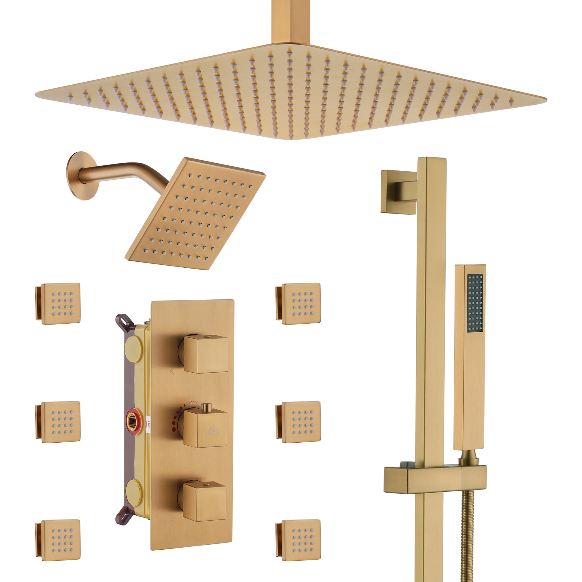 16-Inch Boom Showerhead And 6-Inch Wall Bar Showerhead Deluxe Showerhead Shower System With Slider Bar And 6 Side Sprayers