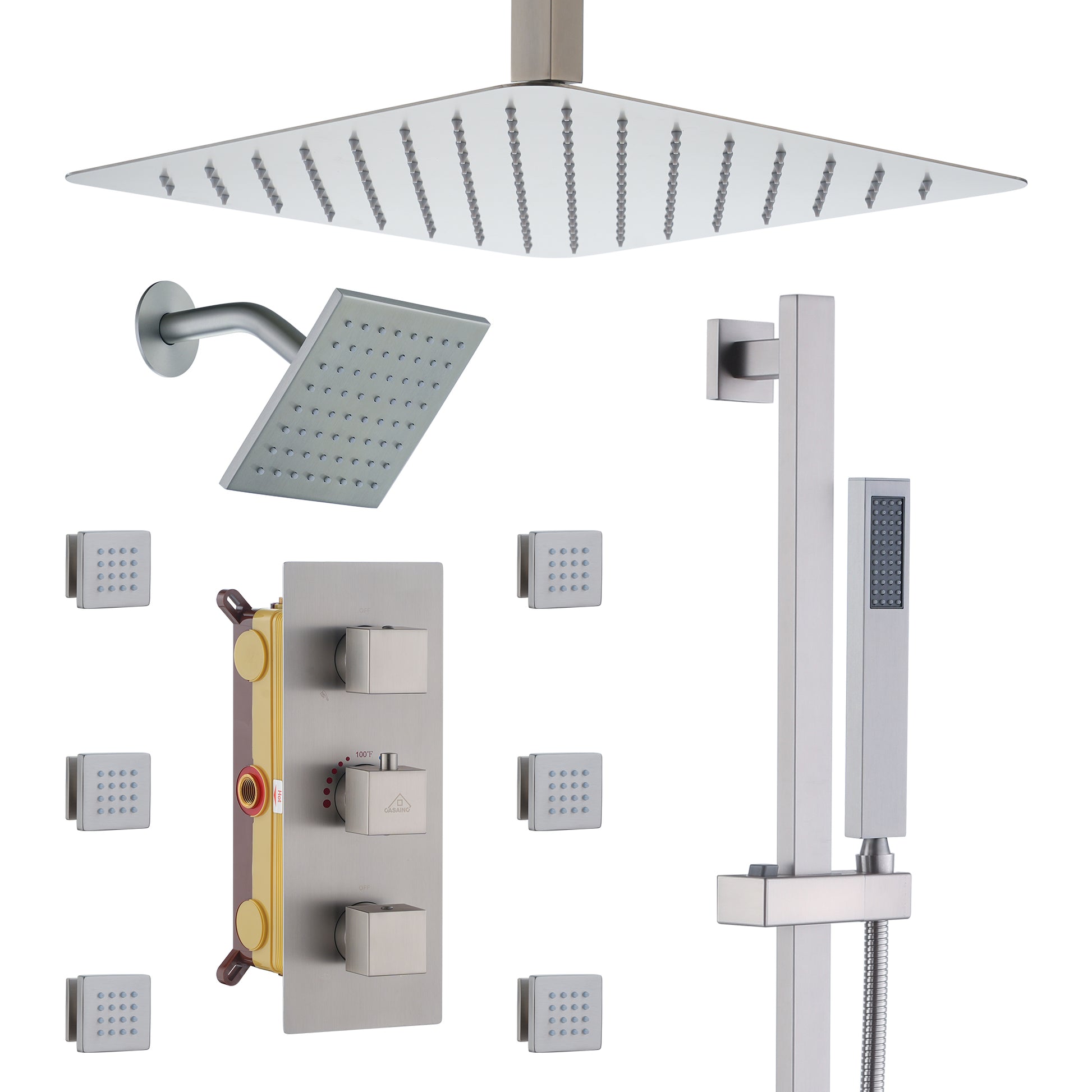 16-Inch Boom Showerhead And 6-Inch Wall Bar Showerhead Deluxe Showerhead Shower System With Slider Bar And 6 Side Sprayers