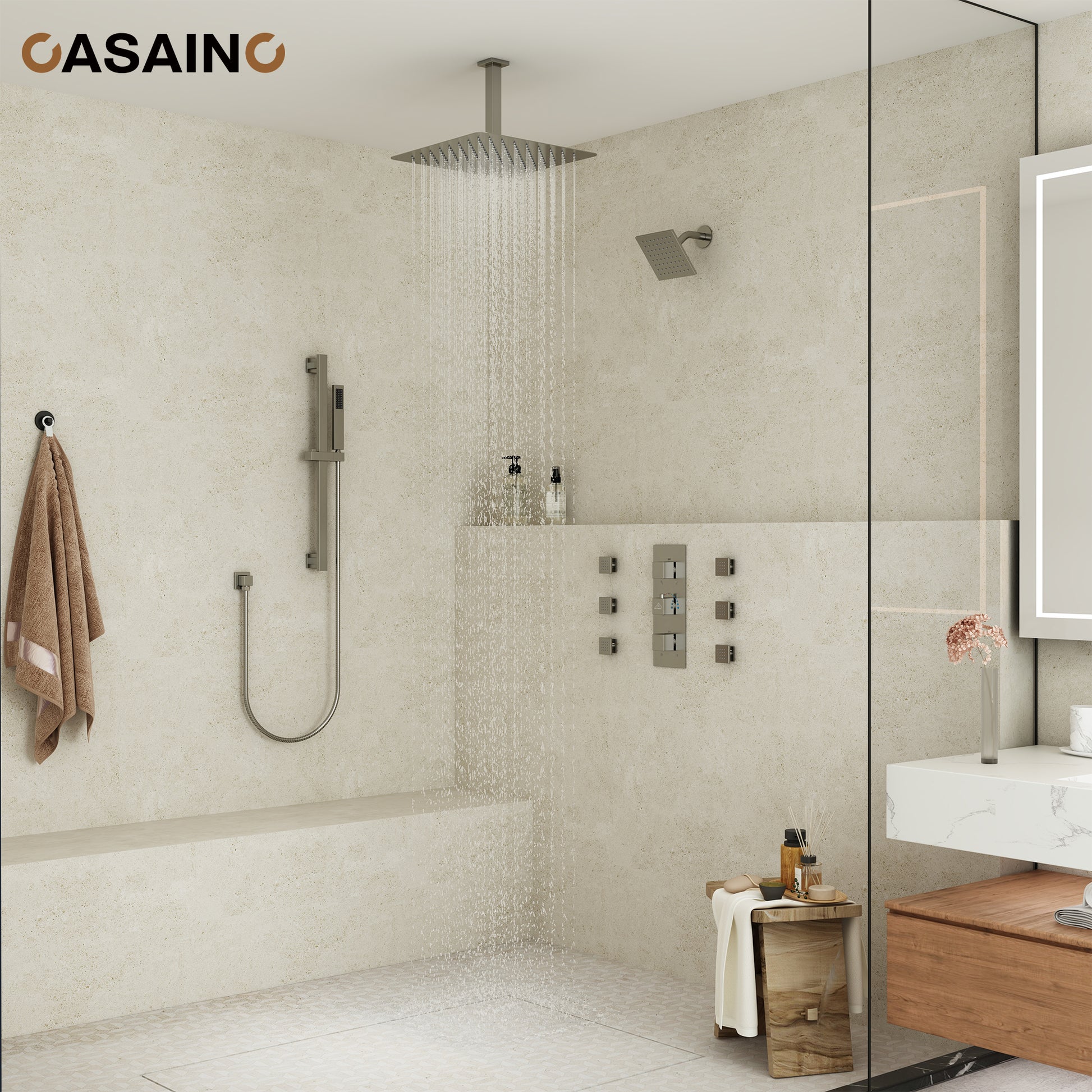 16-Inch Boom Showerhead And 6-Inch Wall Bar Showerhead Deluxe Showerhead Shower System With Slider Bar And 6 Side Sprayers