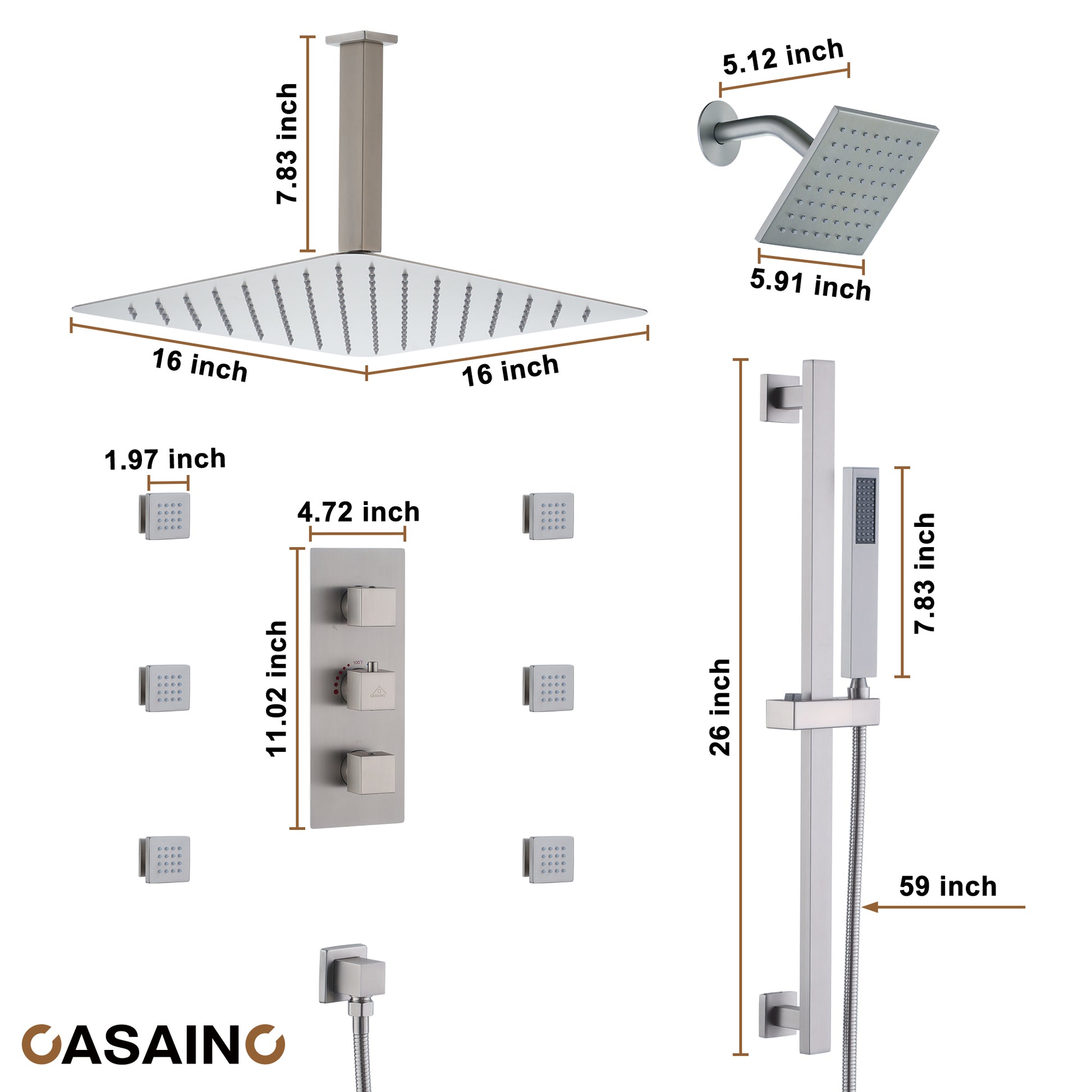 16-Inch Boom Showerhead And 6-Inch Wall Bar Showerhead Deluxe Showerhead Shower System With Slider Bar And 6 Side Sprayers