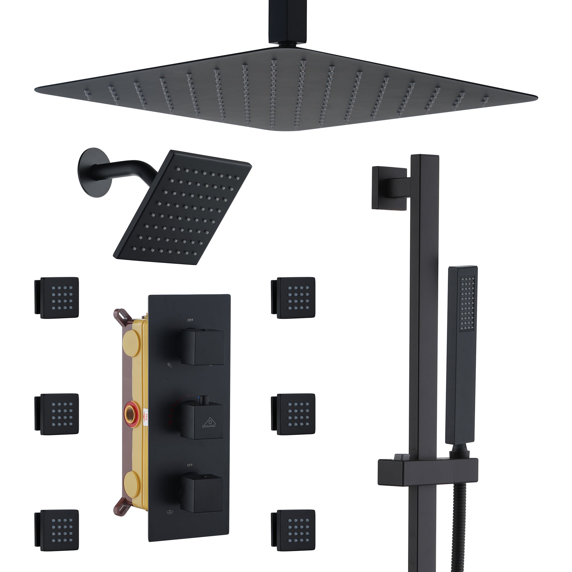 16-inch Boom Showerhead And 6-inch Wall Bar Showerhead Deluxe Showerhead Shower System With Slider Bar And 6 Side Sprayers, Handheld Shower in Matte Black, High End Shower