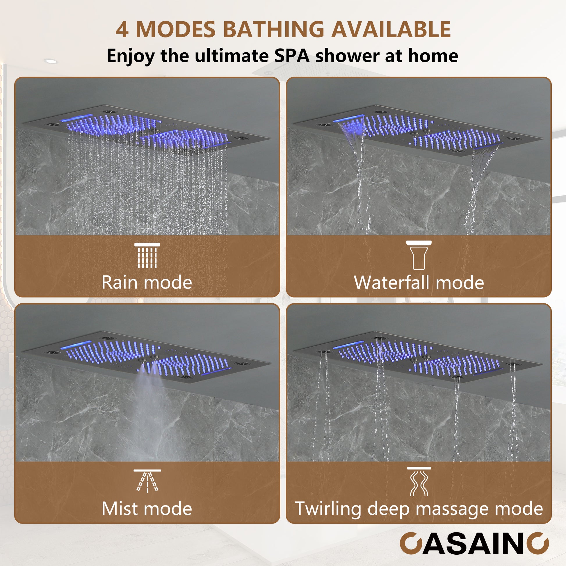 6-Function Luxury Thermostatic Shower System with 64 Color LED Lights & Slide Bar