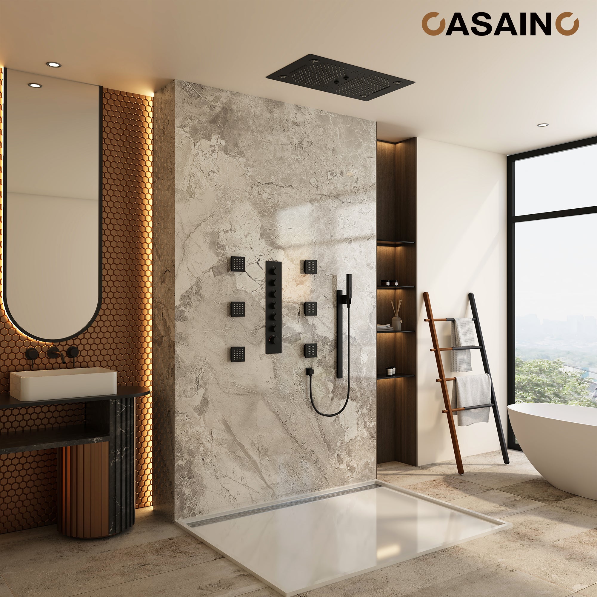 6-Function Luxury Thermostatic Shower System with 64 Color LED Lights & Slide Bar