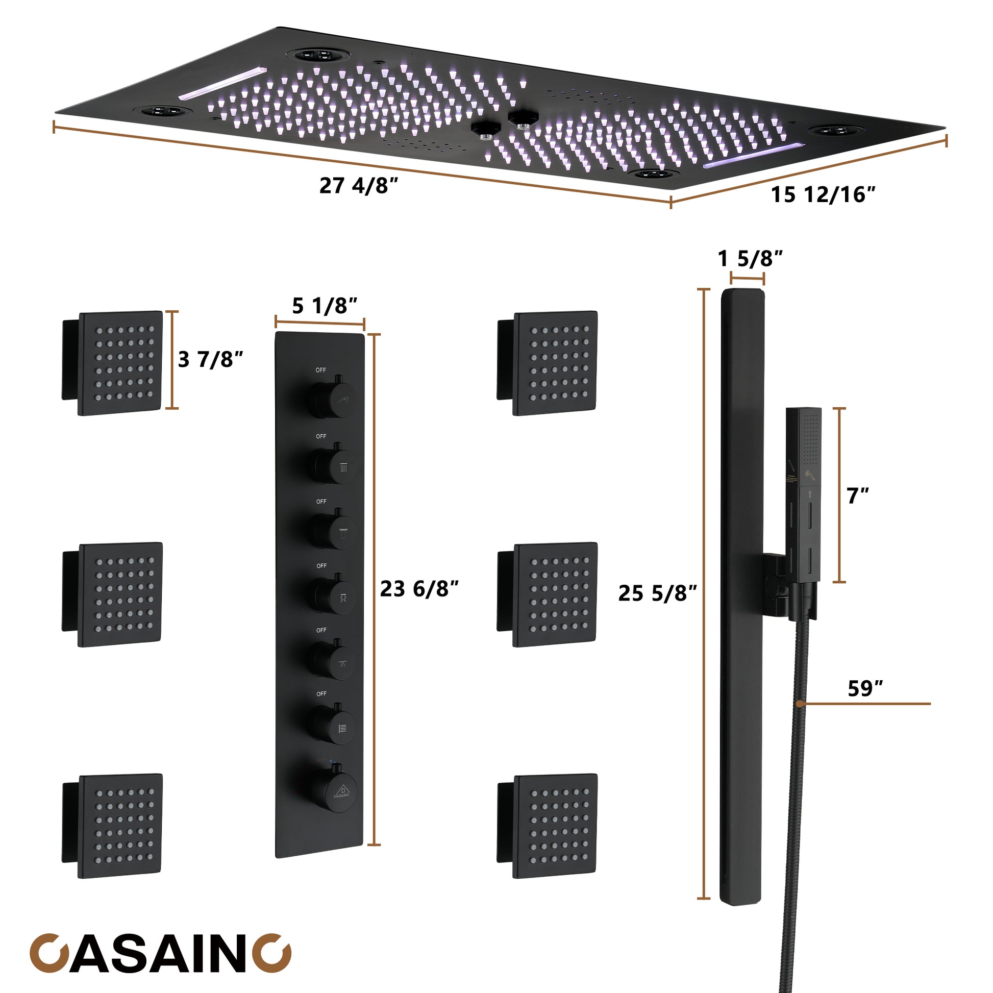 6-Function Luxury Thermostatic Shower System with 64 Color LED Lights & Slide Bar