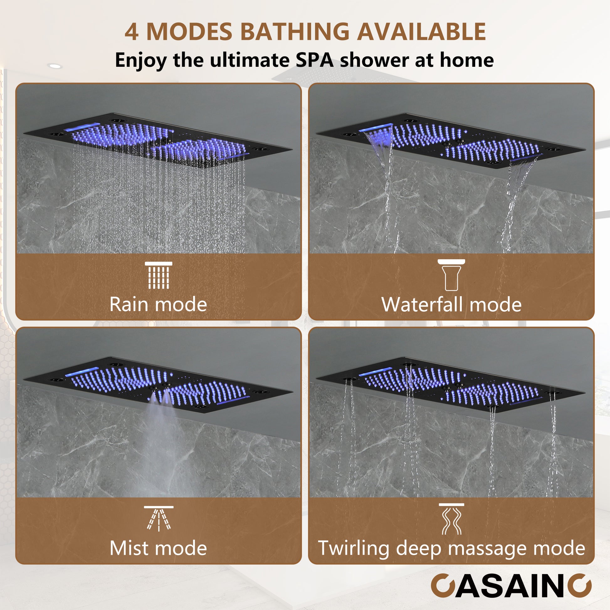6-Function Luxury Thermostatic Shower System with 64 Color LED Lights & Slide Bar