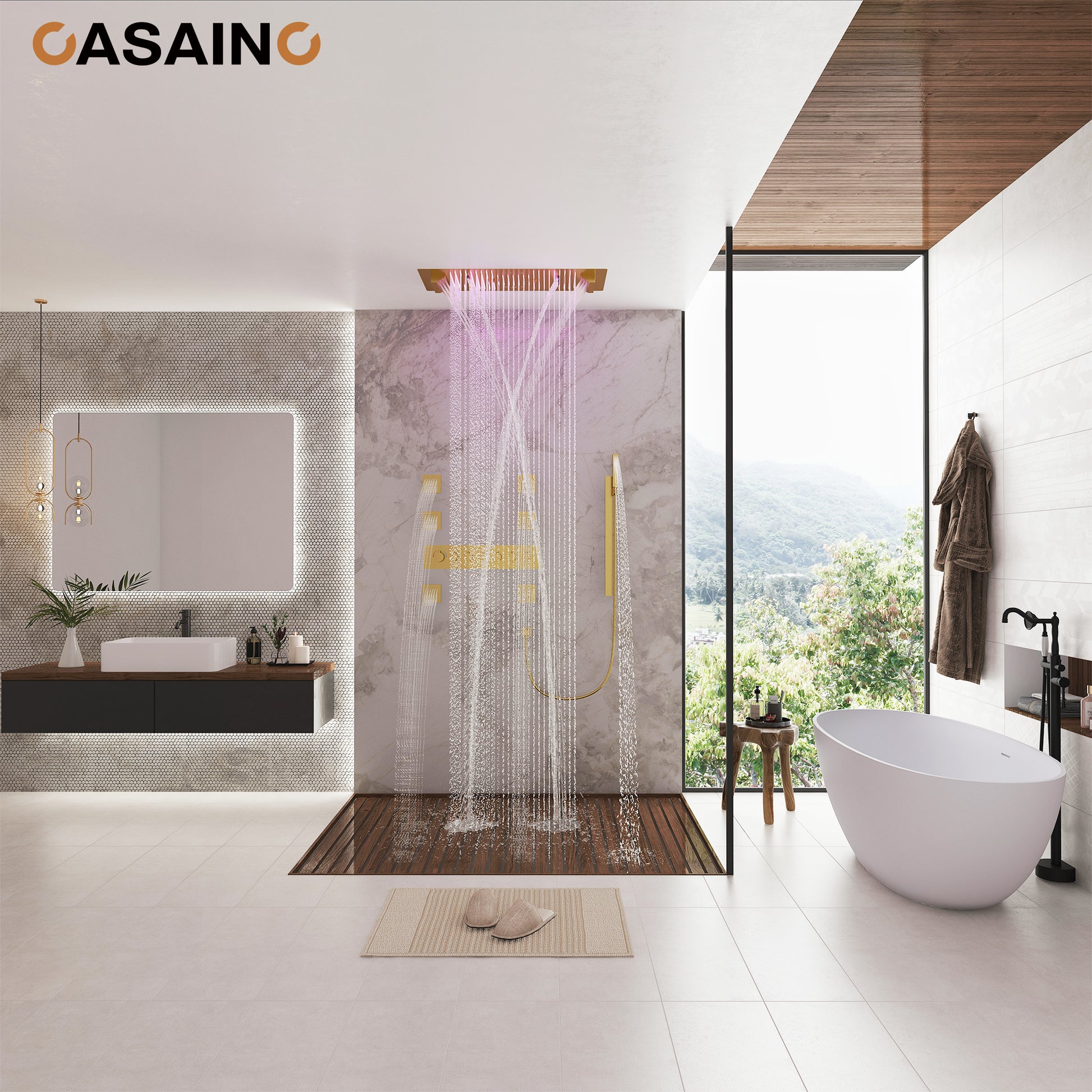 Rectangle Thermostatic Complete Shower System with LED Lights & Slide Bar