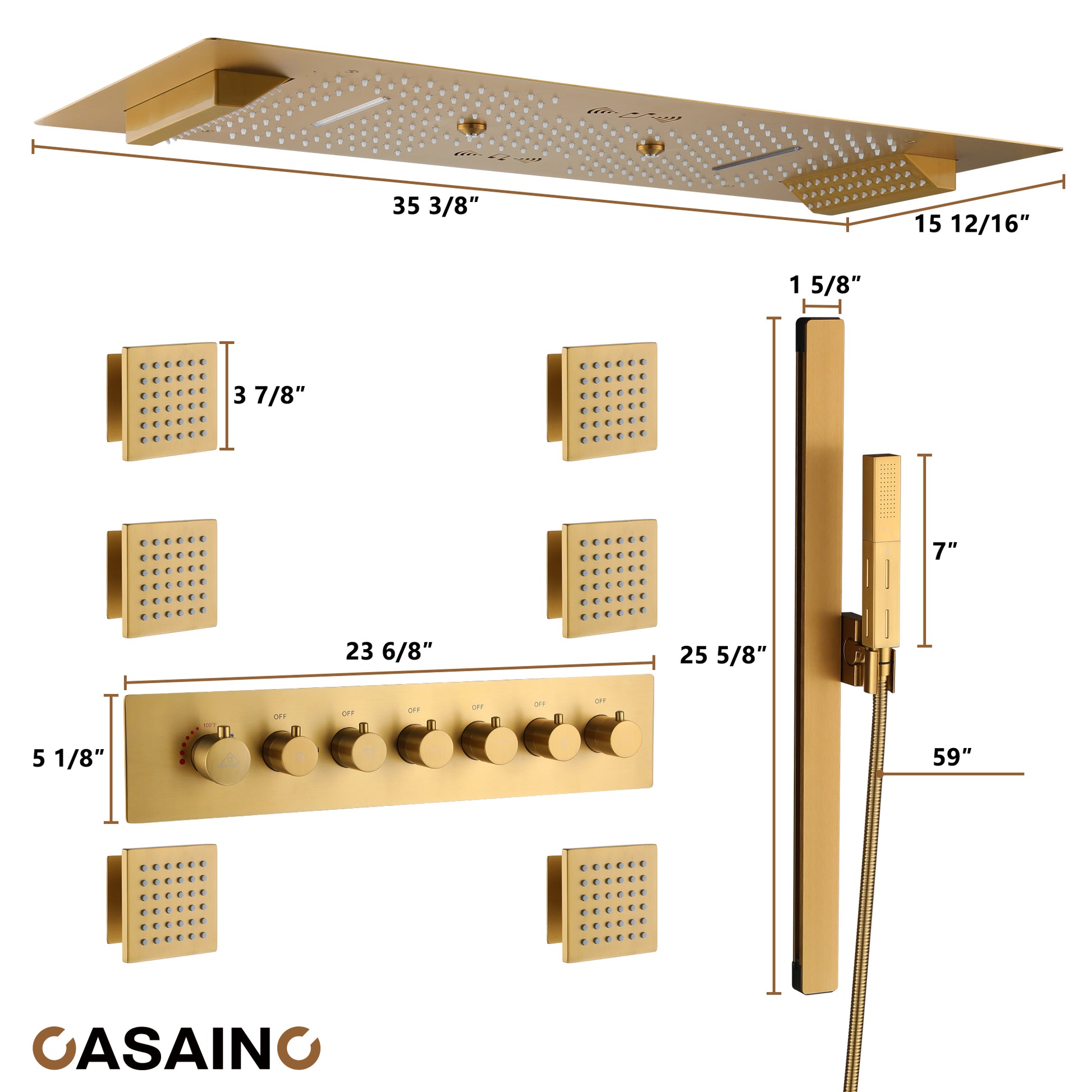 Rectangle Thermostatic Complete Shower System with LED Lights & Slide Bar