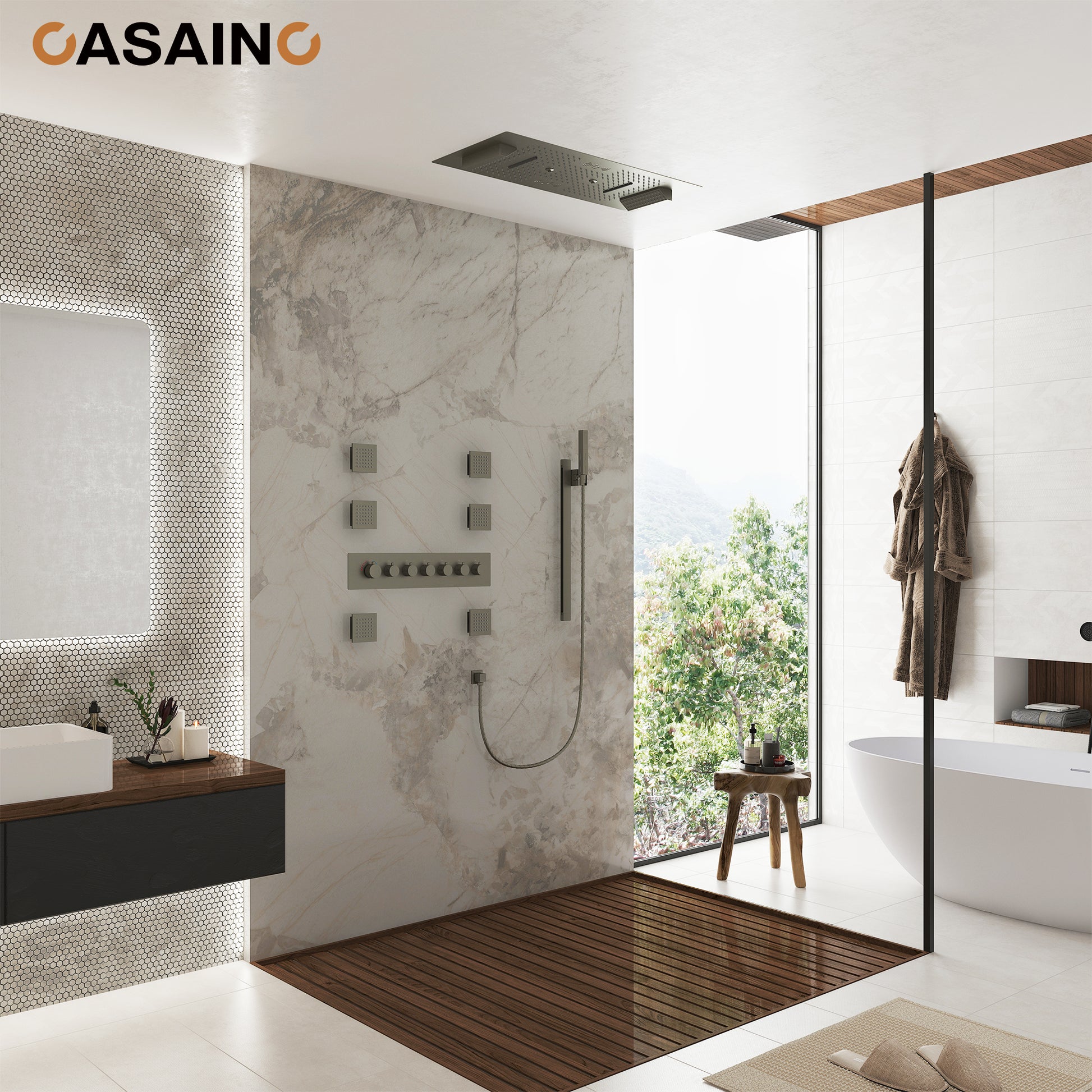 Rectangle Thermostatic Complete Shower System with LED Lights & Slide Bar