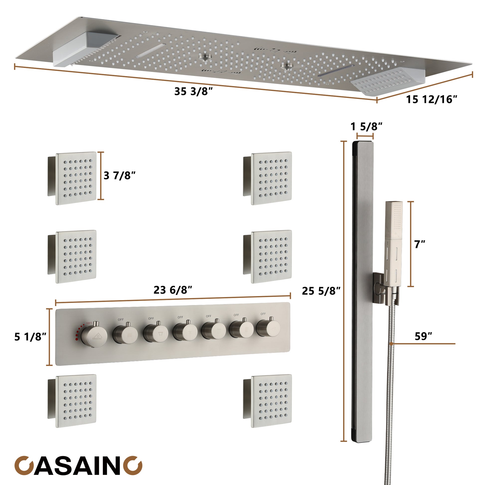 Rectangle Thermostatic Complete Shower System with LED Lights & Slide Bar
