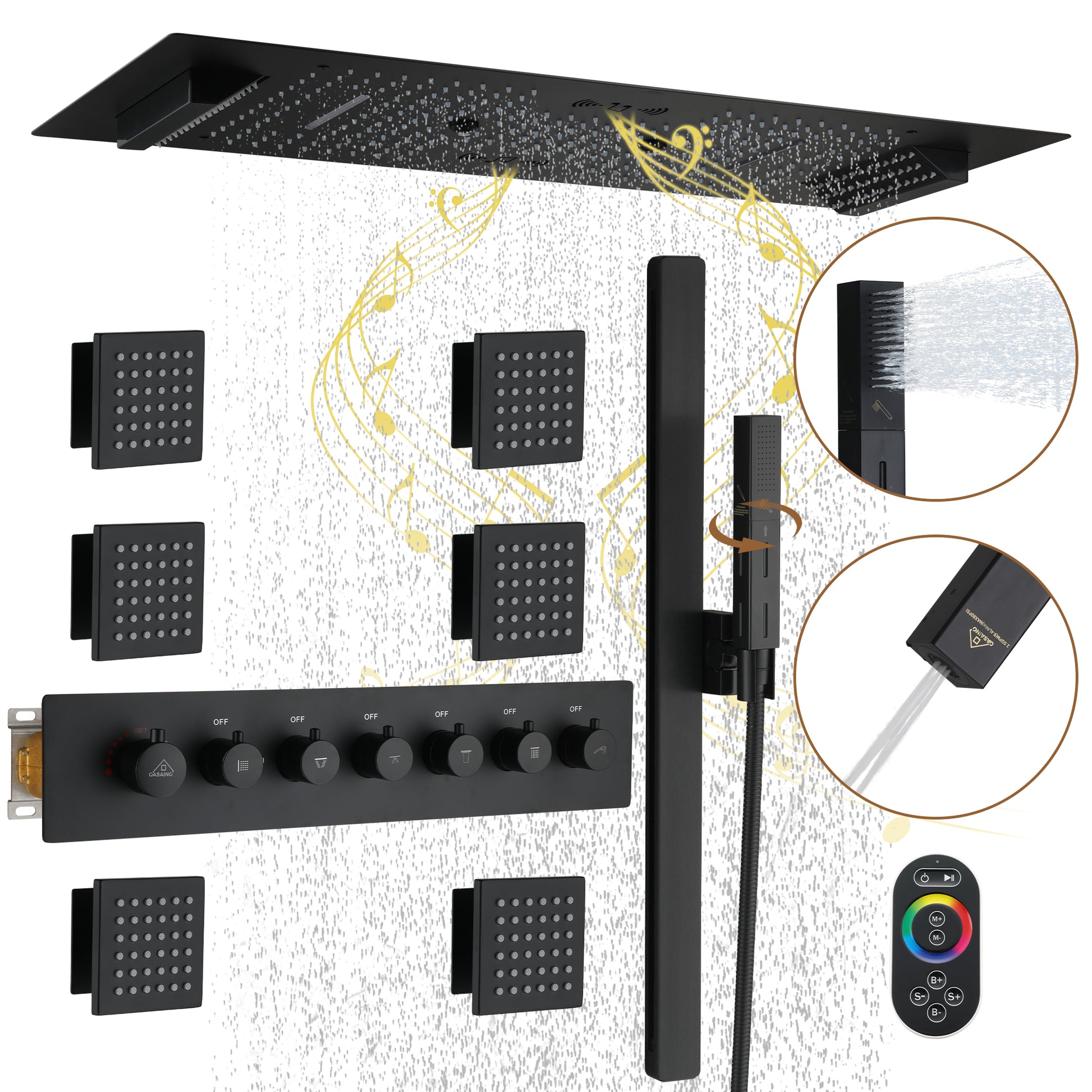 Rectangle Thermostatic Complete Shower System with LED Lights & Slide Bar
