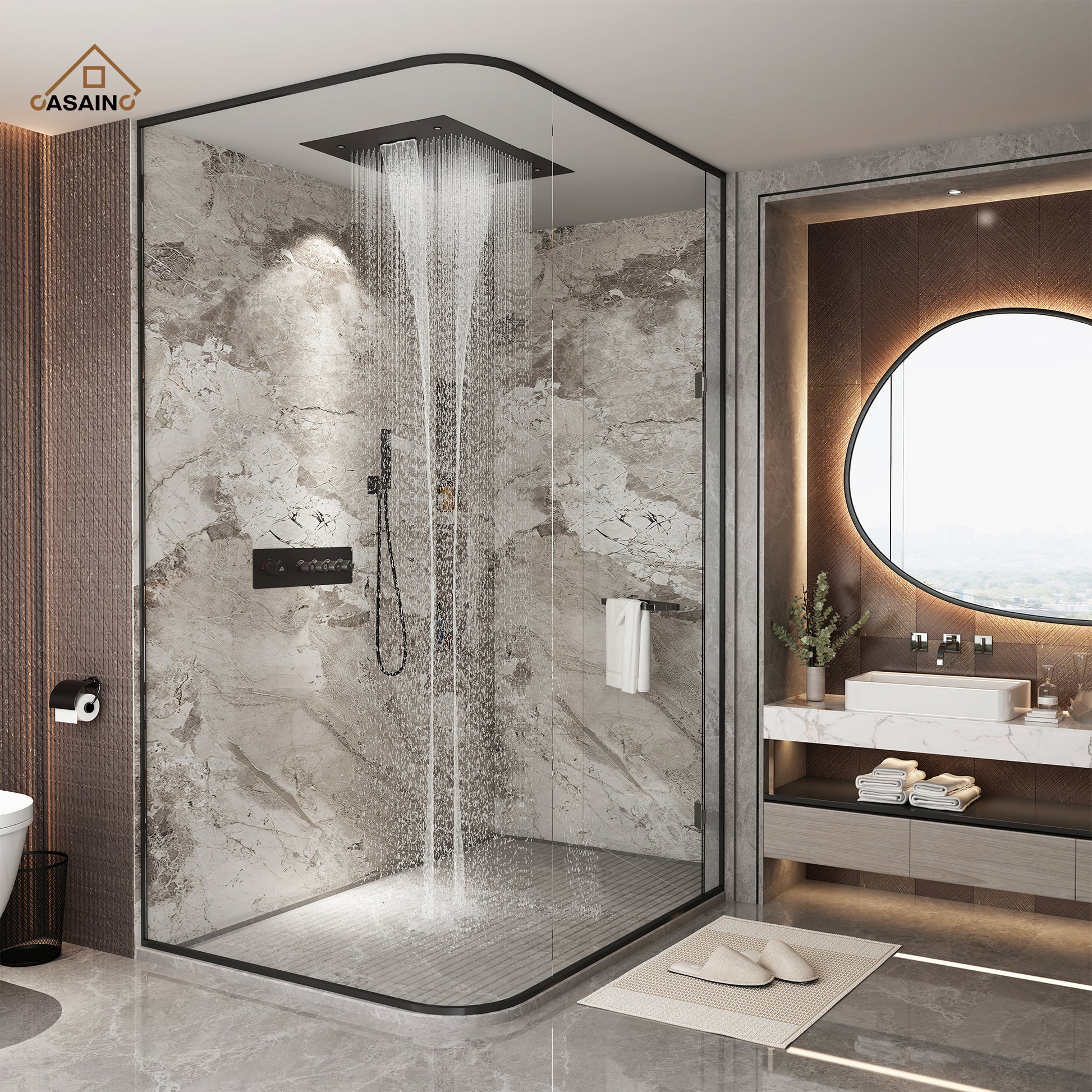 Rrectangular Ceiling-Mounted Thermostatic Shower System with LED Lights