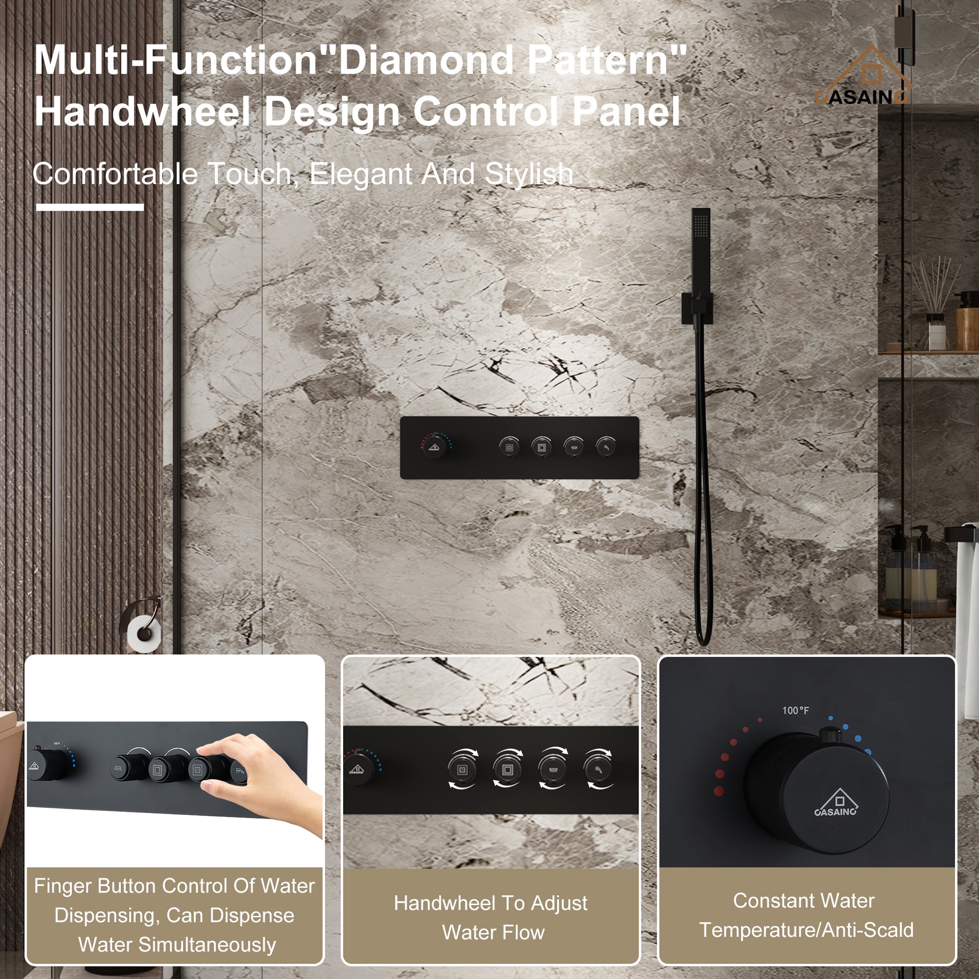Rrectangular Ceiling-Mounted Thermostatic Shower System with LED Lights