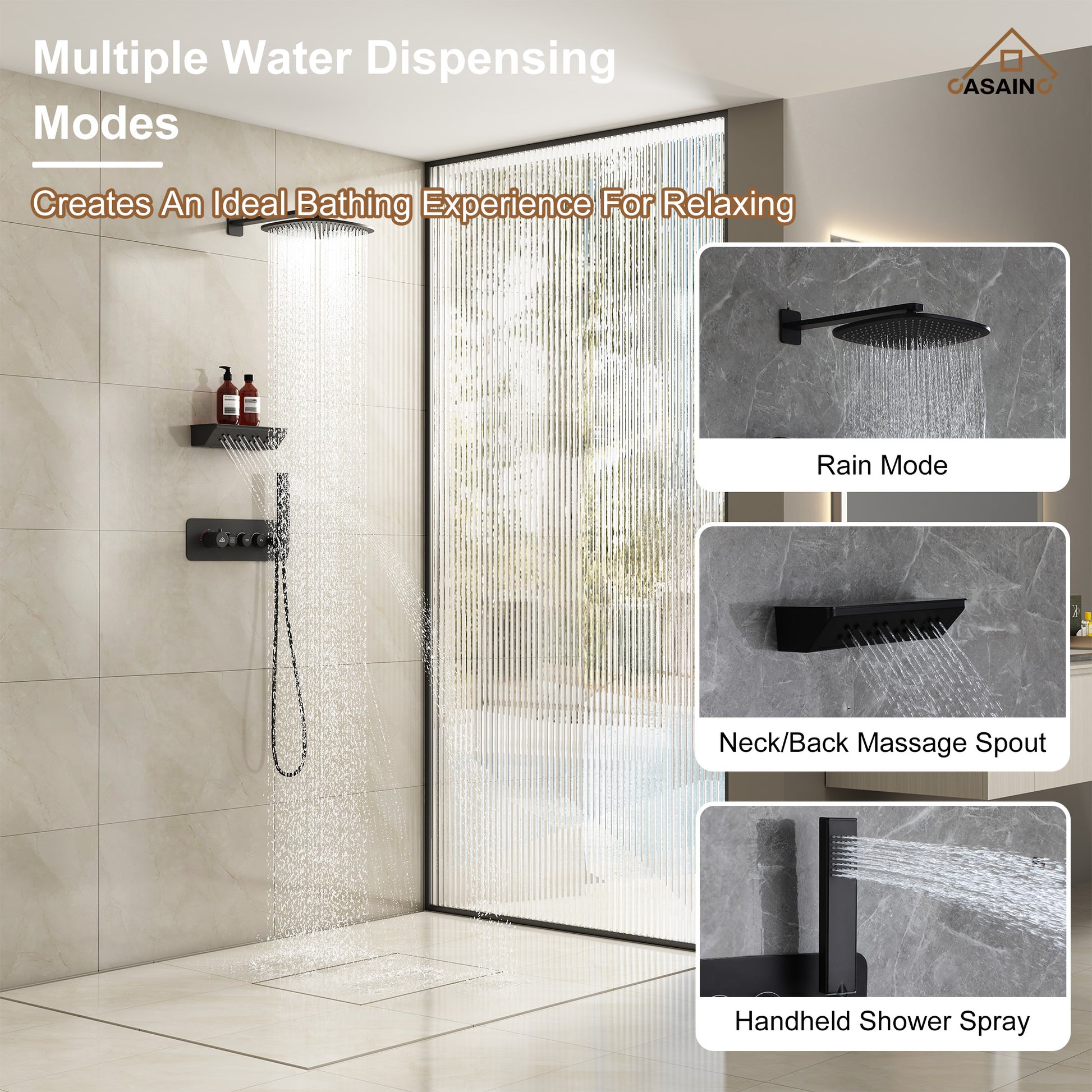 12" Wall-Mounted Thermostatic Shower System with Side Massage Spout