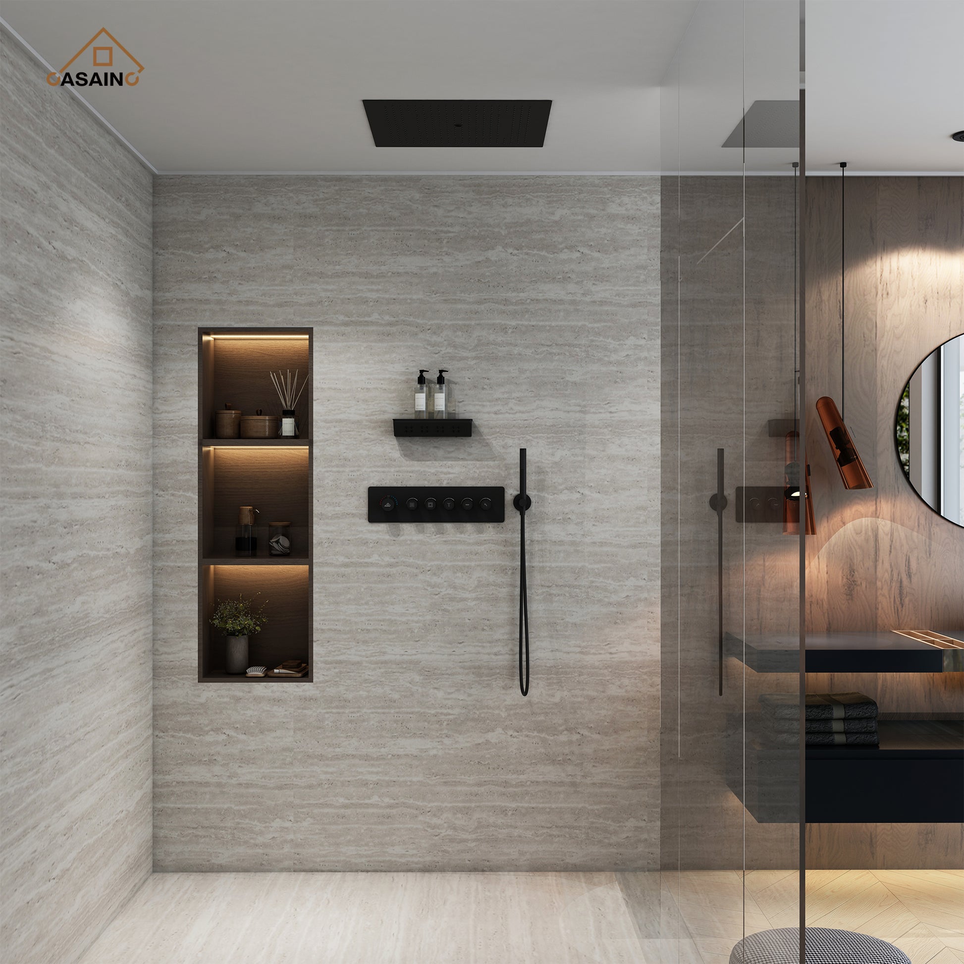 23.6" Luxurious 5-Function Ceiling-Mounted Thermostatic Shower System with Neck Spa Outlet