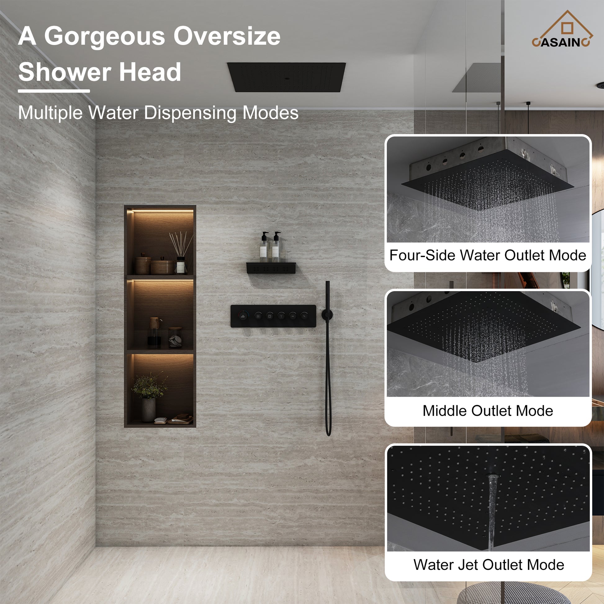 23.6" Luxurious 5-Function Ceiling-Mounted Thermostatic Shower System with Neck Spa Outlet