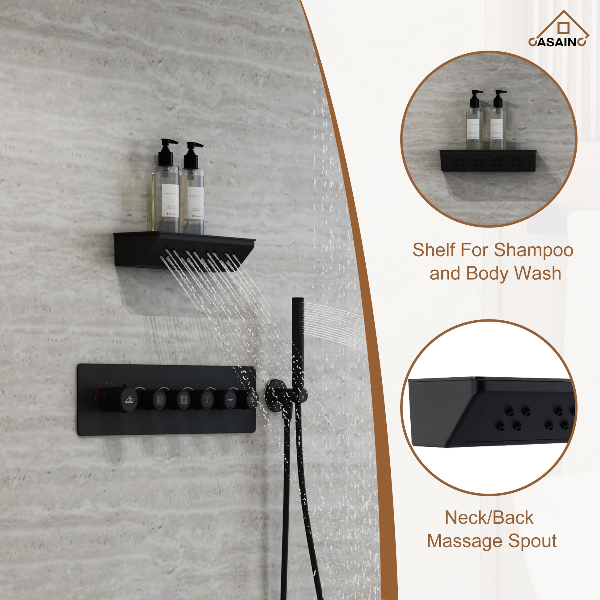 23.6" Luxurious 5-Function Ceiling-Mounted Thermostatic Shower System with Neck Spa Outlet