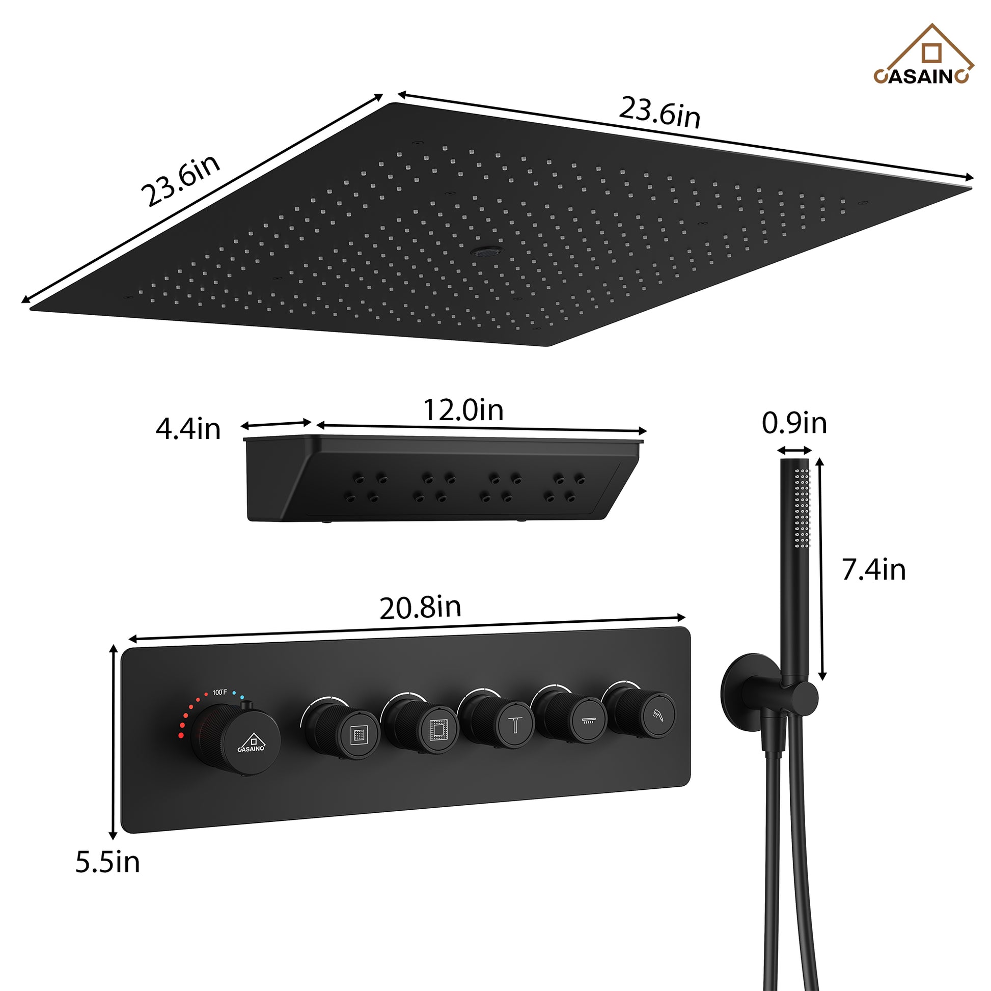 23.6" Luxurious 5-Function Ceiling-Mounted Thermostatic Shower System with Neck Spa Outlet