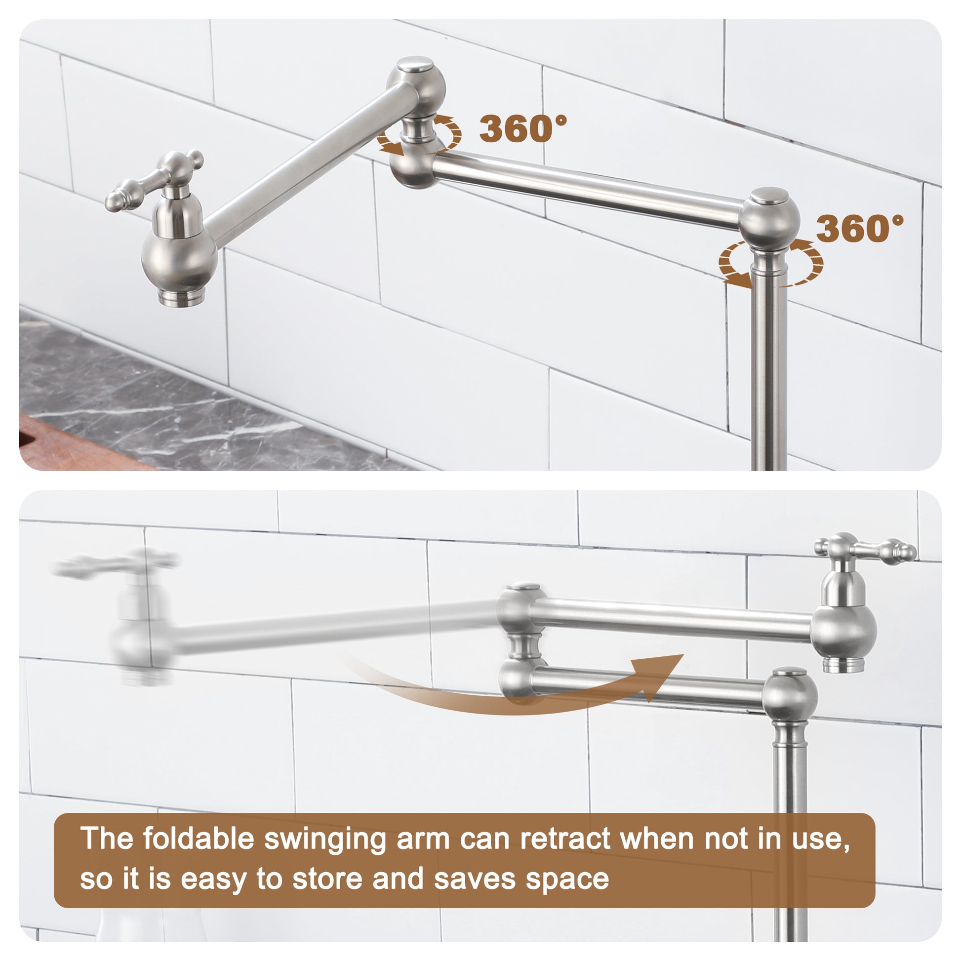 Deck-Mounted Double Handle Pot Filler Kitchen Faucet Stove Faucet with Folding Stretchable Double-Jointed Arm