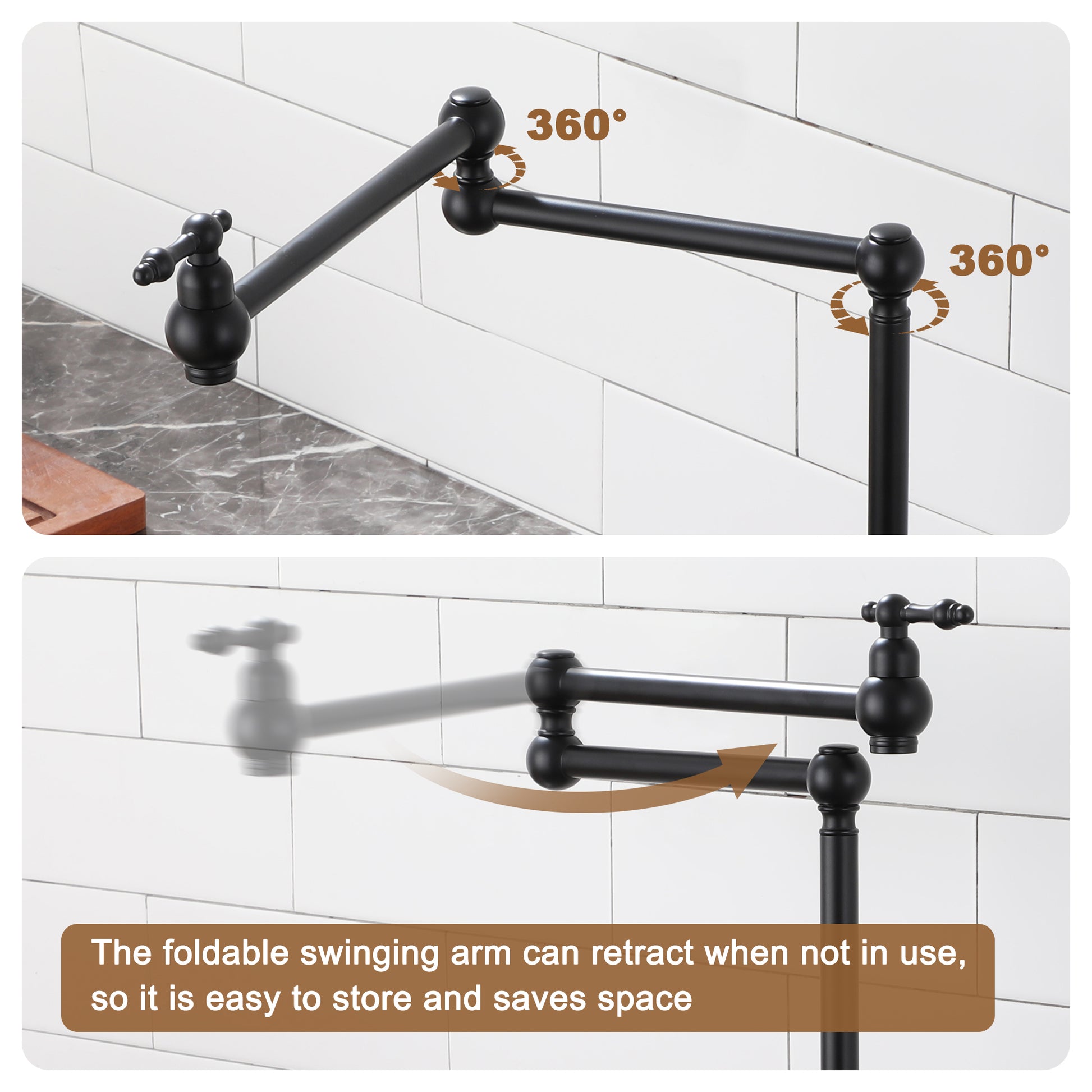 Deck-Mounted Double Handle Pot Filler Kitchen Faucet Stove Faucet with Folding Stretchable Double-Jointed Arm