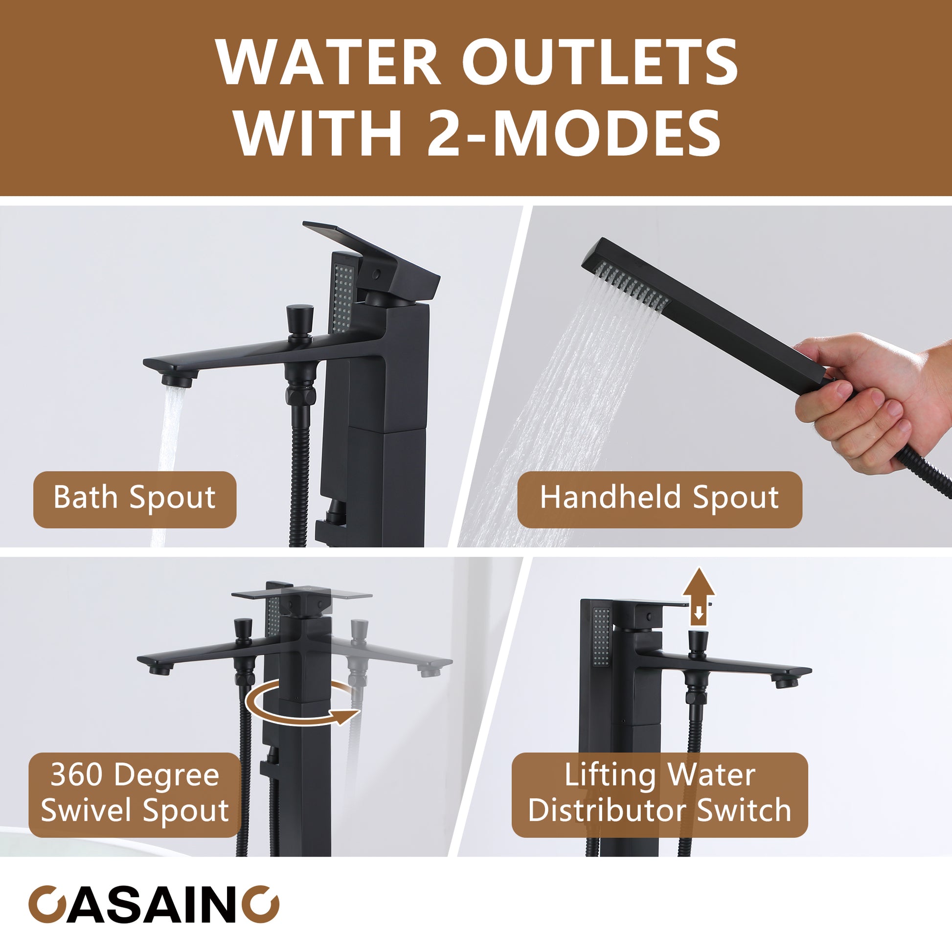 Waterfall Freestanding Bathtub Faucet with Hand Shower in Matte Black, Chrome Plated, Brushed Nickel, Brushed Gold