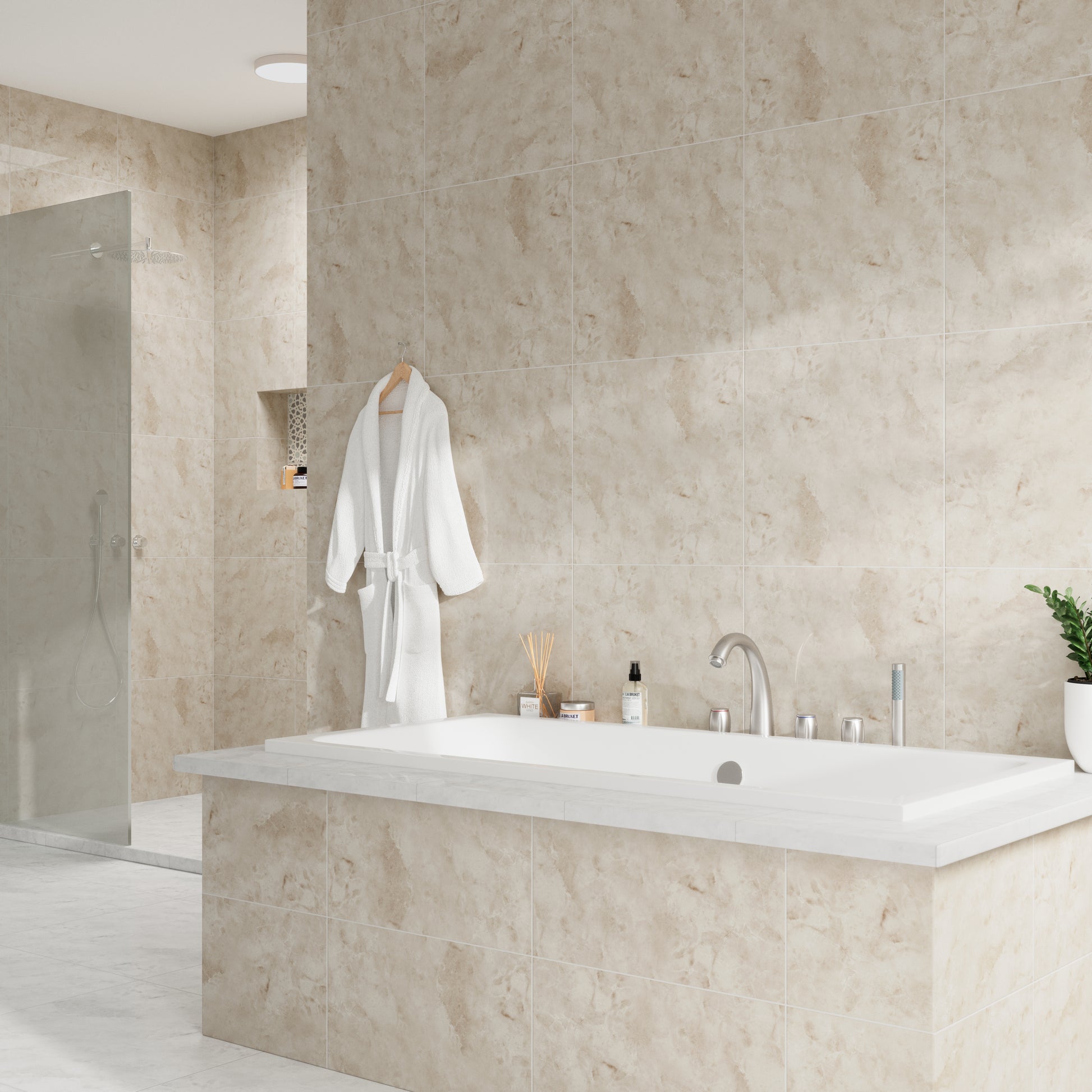 3-Handle Deck-Mounted Waterfall Roman Tub Faucet with Hand Shower